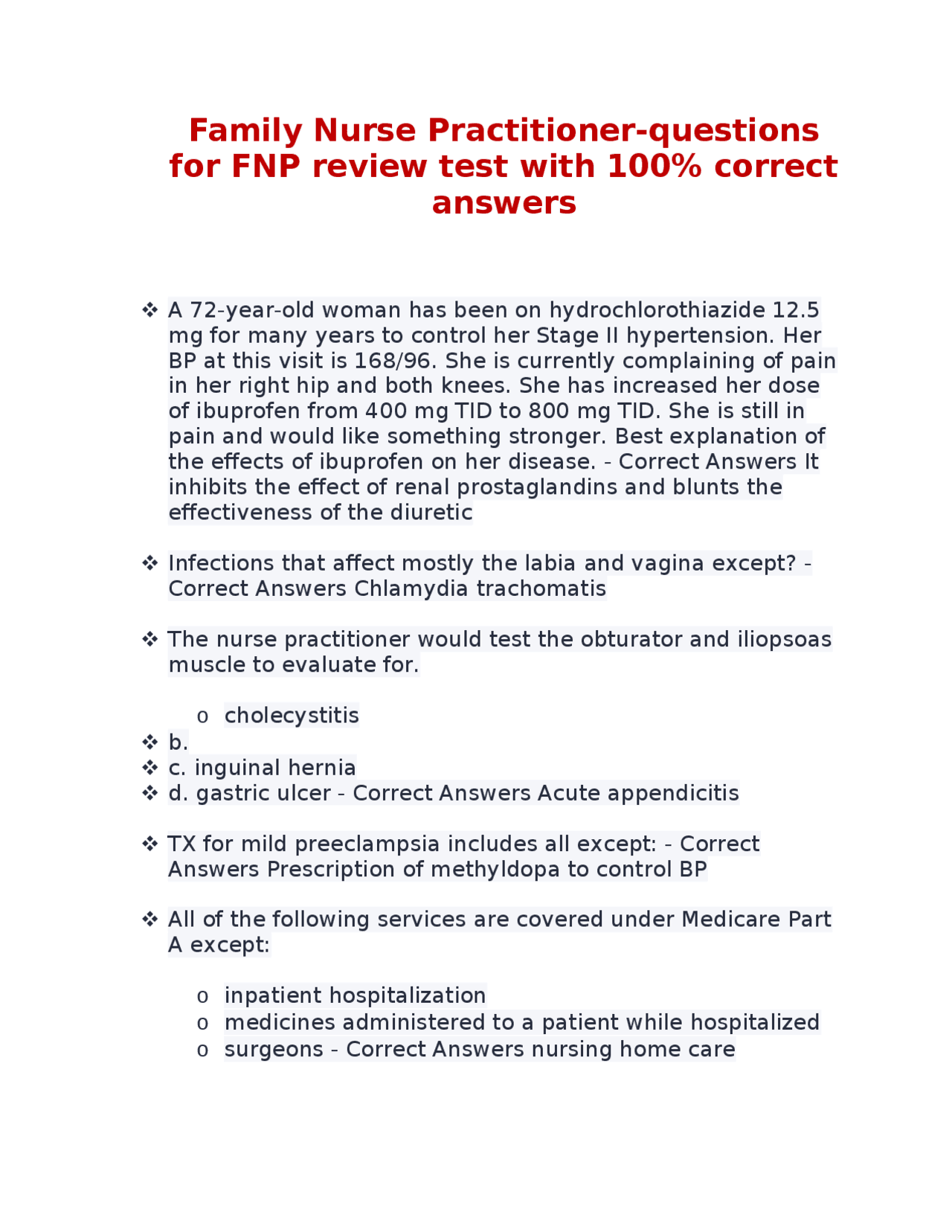 Family Nurse Practitioner-questions for FNP review test with 100% ...