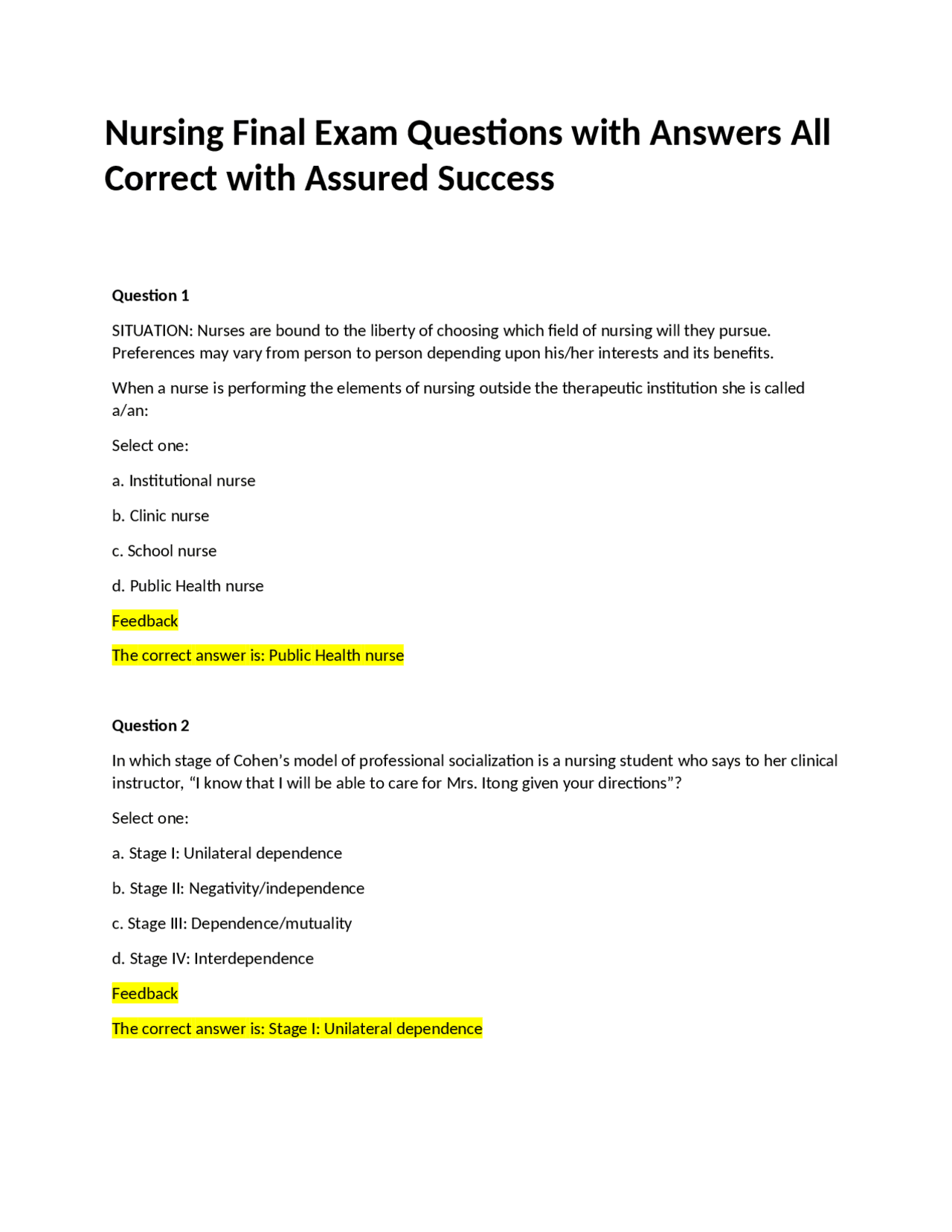 Nursing Final Exam Questions with Answers All Correct with Assured ...
