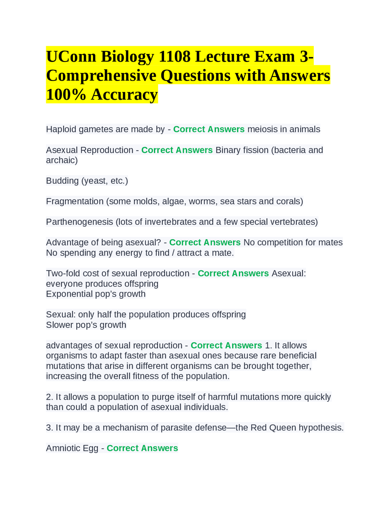 UConn Biology 1108 Lecture Exam 3 Comprehensive Questions with Answers UConn Biology 1108 Lecture Exam 3 Comprehensive Questions with Answers