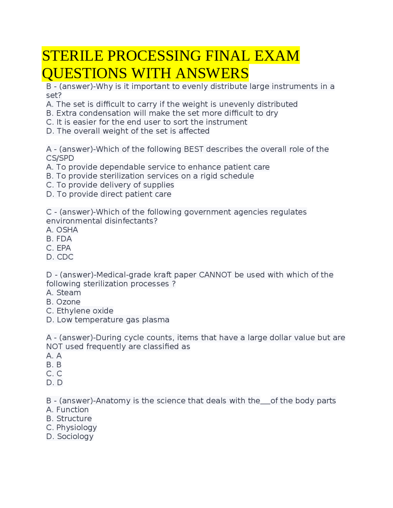 STERILE PROCESSING FINAL EXAM QUESTIONS WITH ANSWERS Exams Biology Docsity