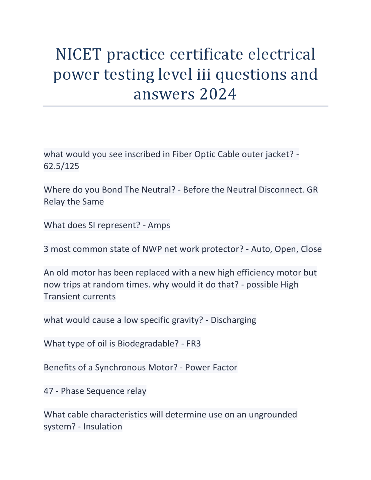 NICET practice certificate electrical power testing level iii questions
