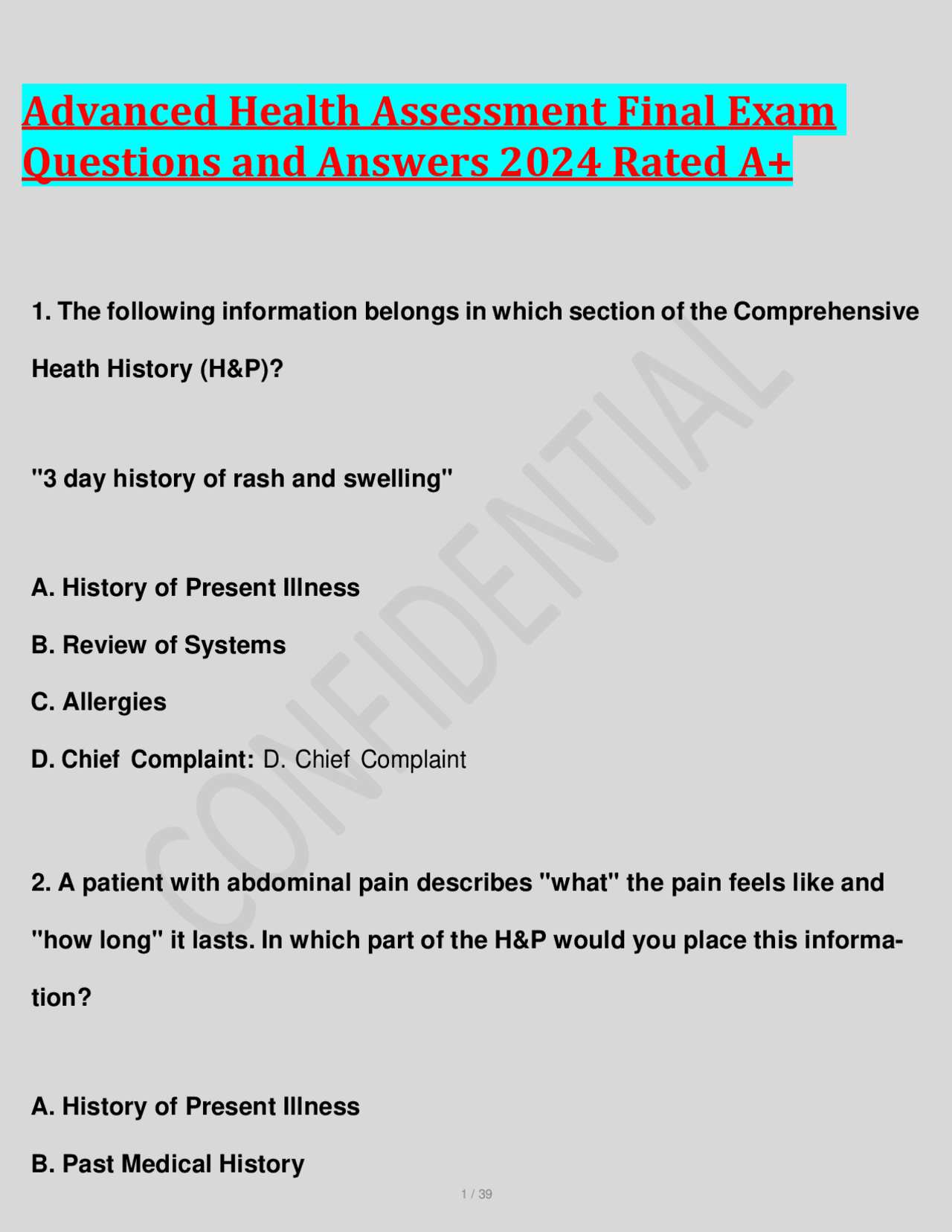 Advanced Health Assessment Final Exam Questions and Answers 2024 Rated ...