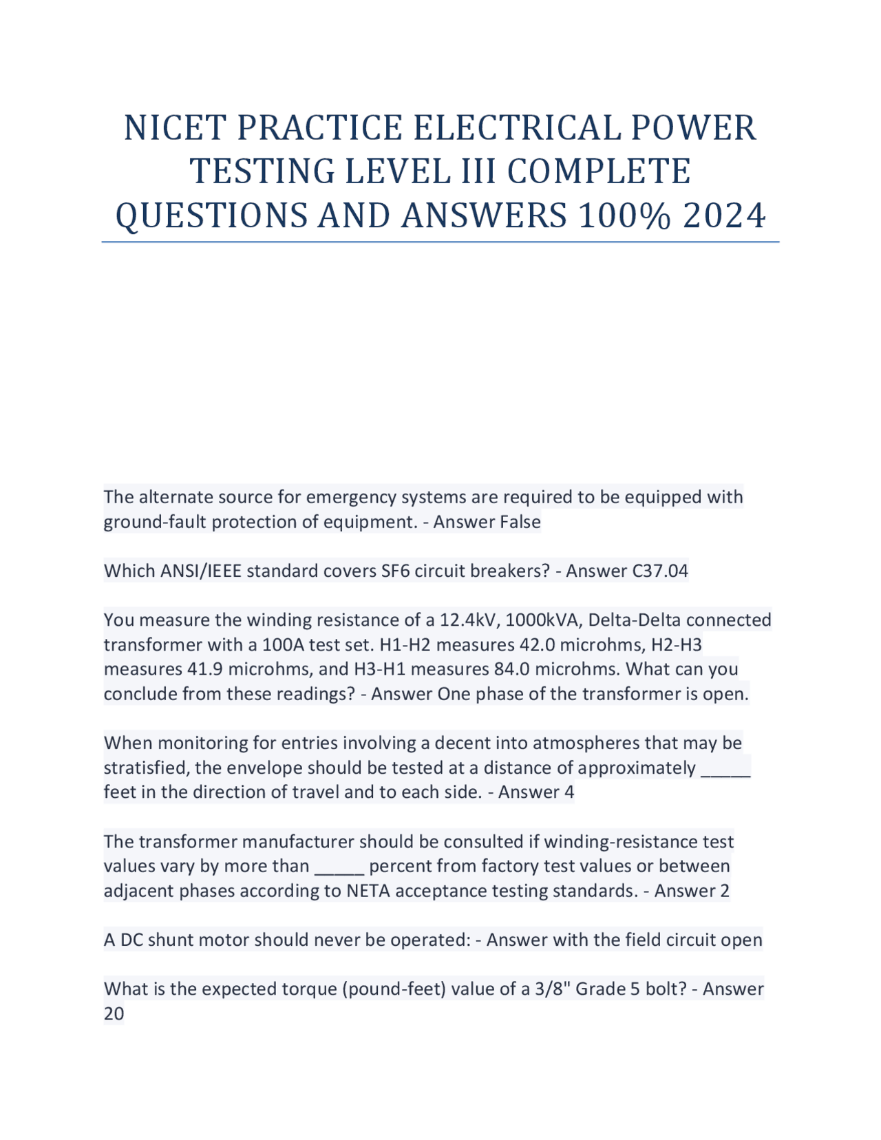 NICET PRACTICE ELECTRICAL POWER TESTING LEVEL III COMPLETE QUESTIONS