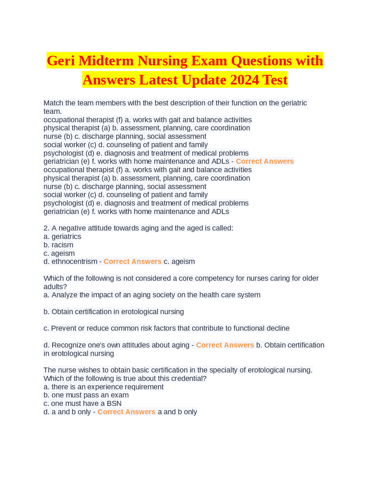 Geri Midterm Nursing Exam Questions with Answers Latest Update 2024 ...