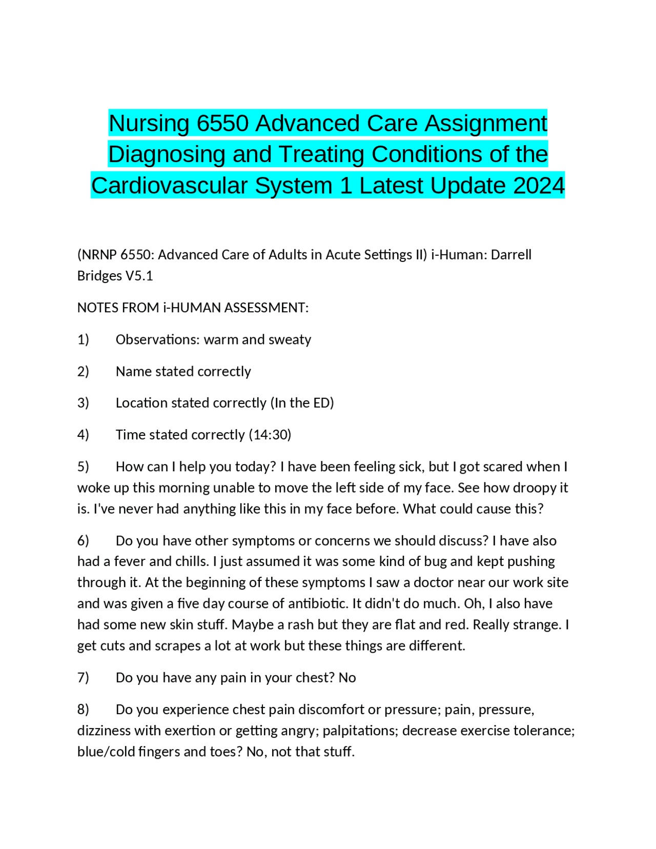 Nursing 6550 Advanced Care Assignment Diagnosing and Treating ...