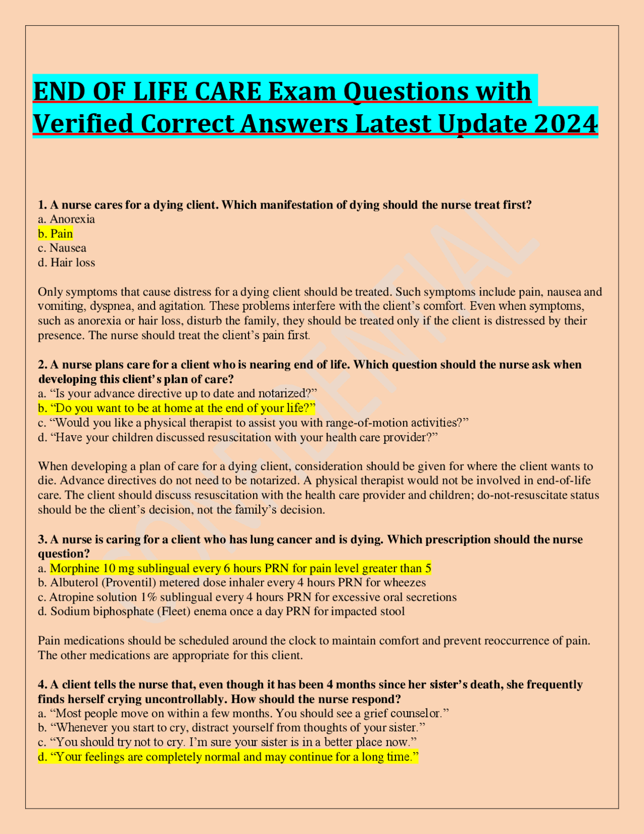 END OF LIFE CARE Exam Questions with Verified Correct Answers Latest ...