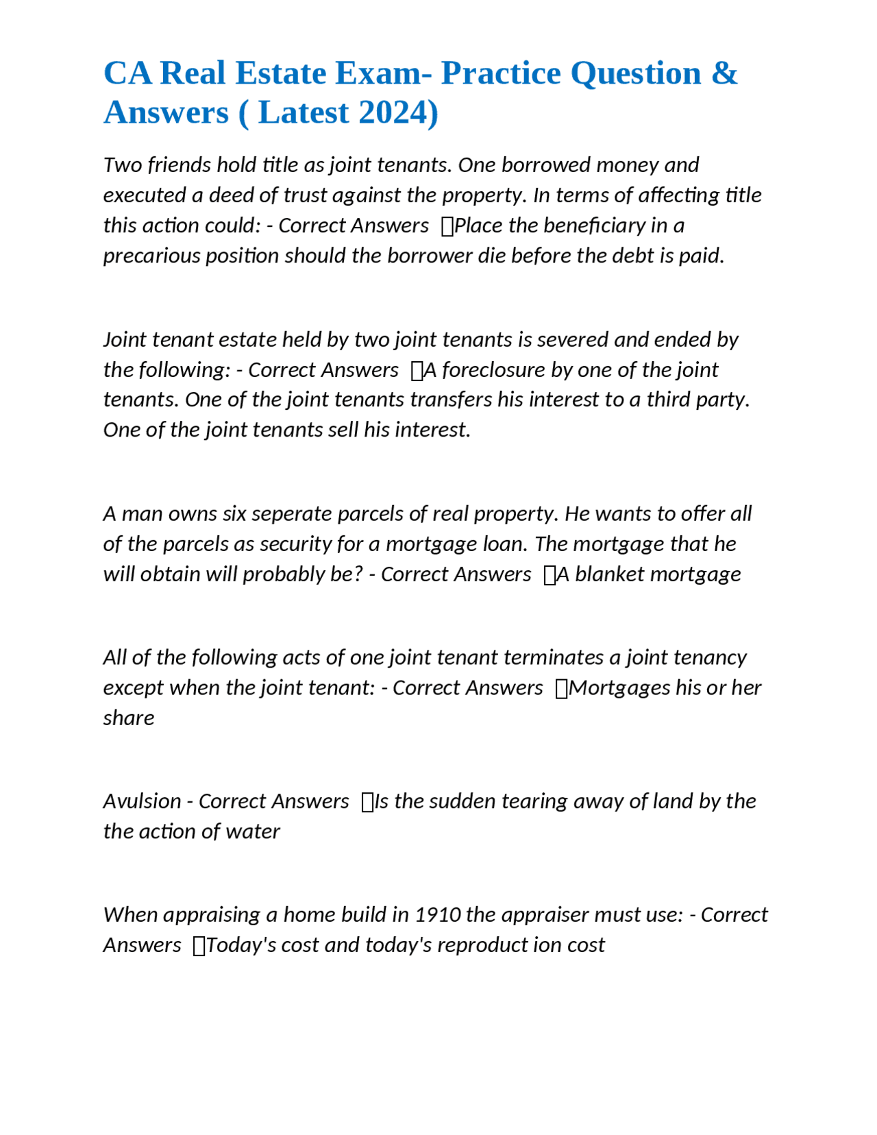 CA Real Estate Exam Practice Question & Answers ( Latest 2024) Exams