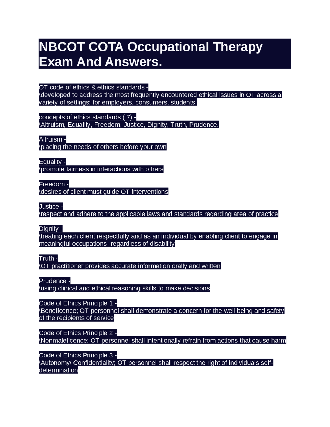 NBCOT COTA Occupational Therapy Exam And Answers. Exams Occupational