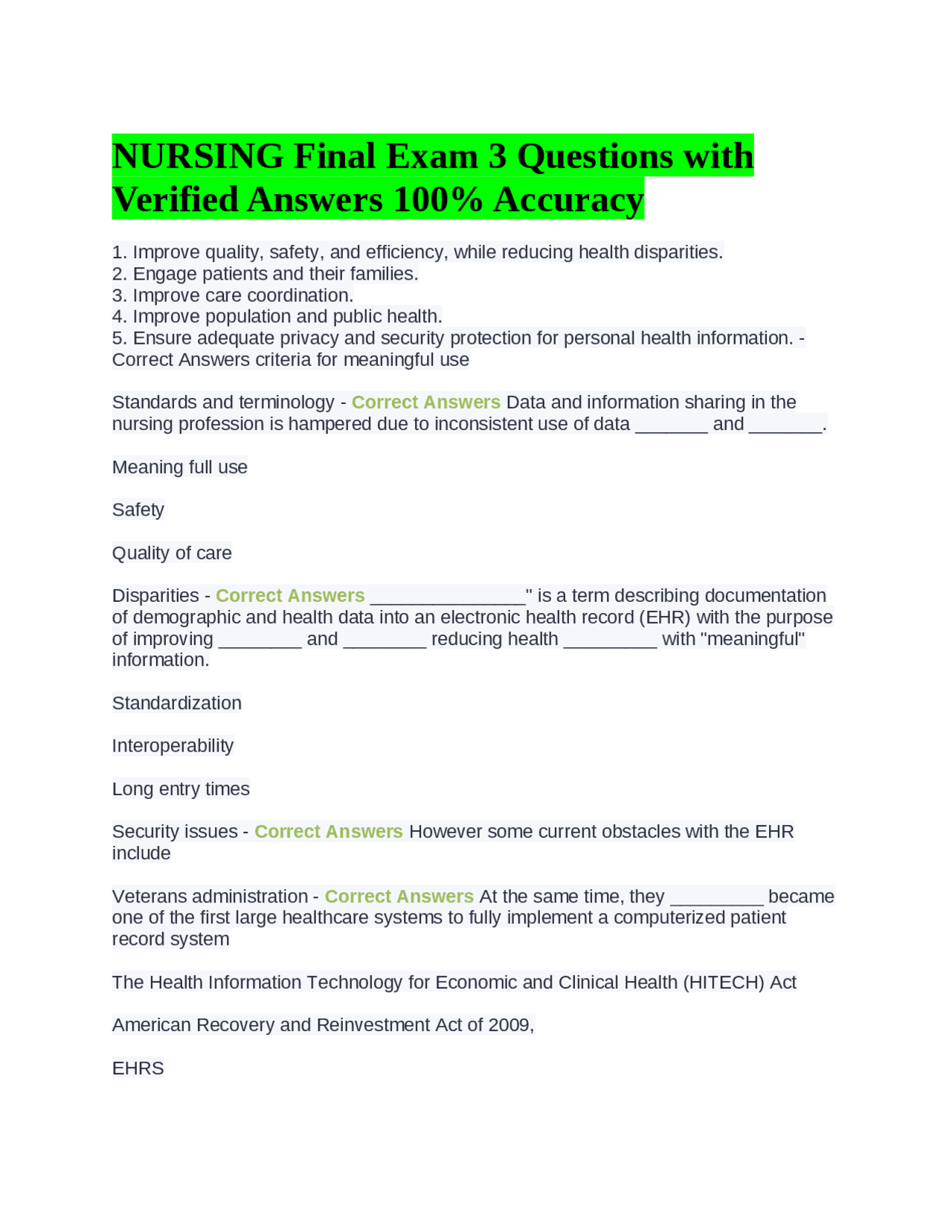 NURSING Final Exam 3 Questions with Verified Answers 100% Accuracy ...