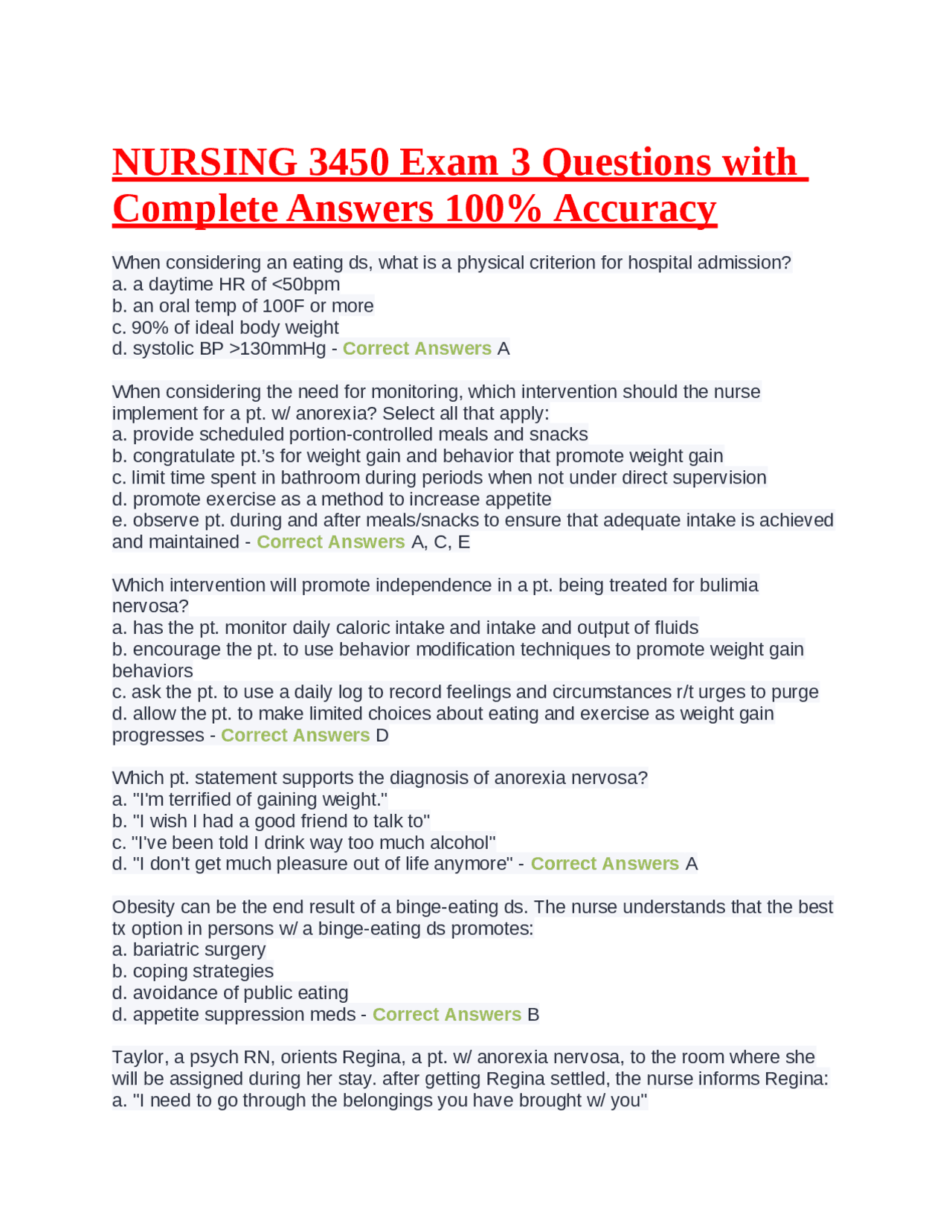 NURSING 3450 Exam 3 Questions with Complete Answers 100% Accuracy ...