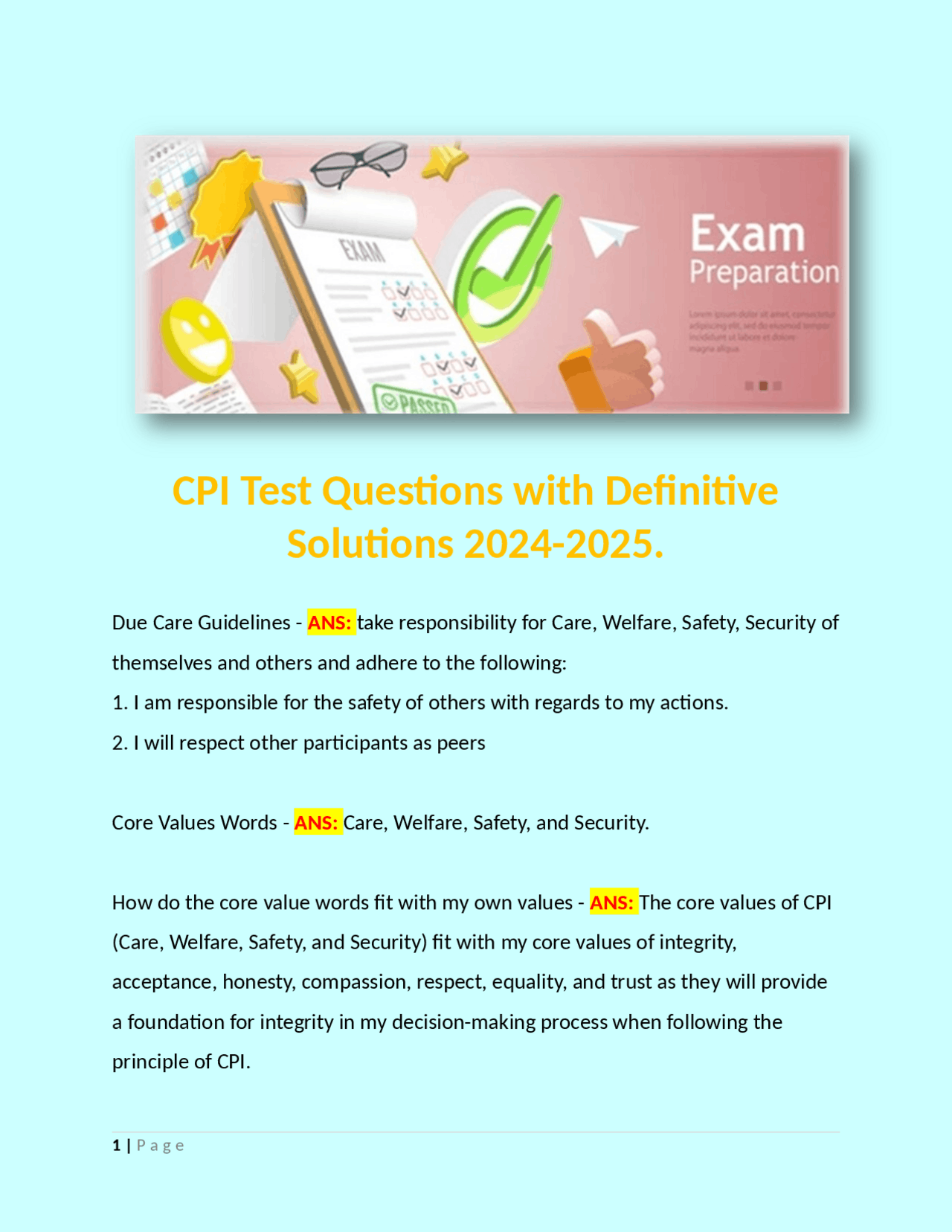 CPI Test Questions with Definitive Solutions 20242025. Exams Nursing Docsity