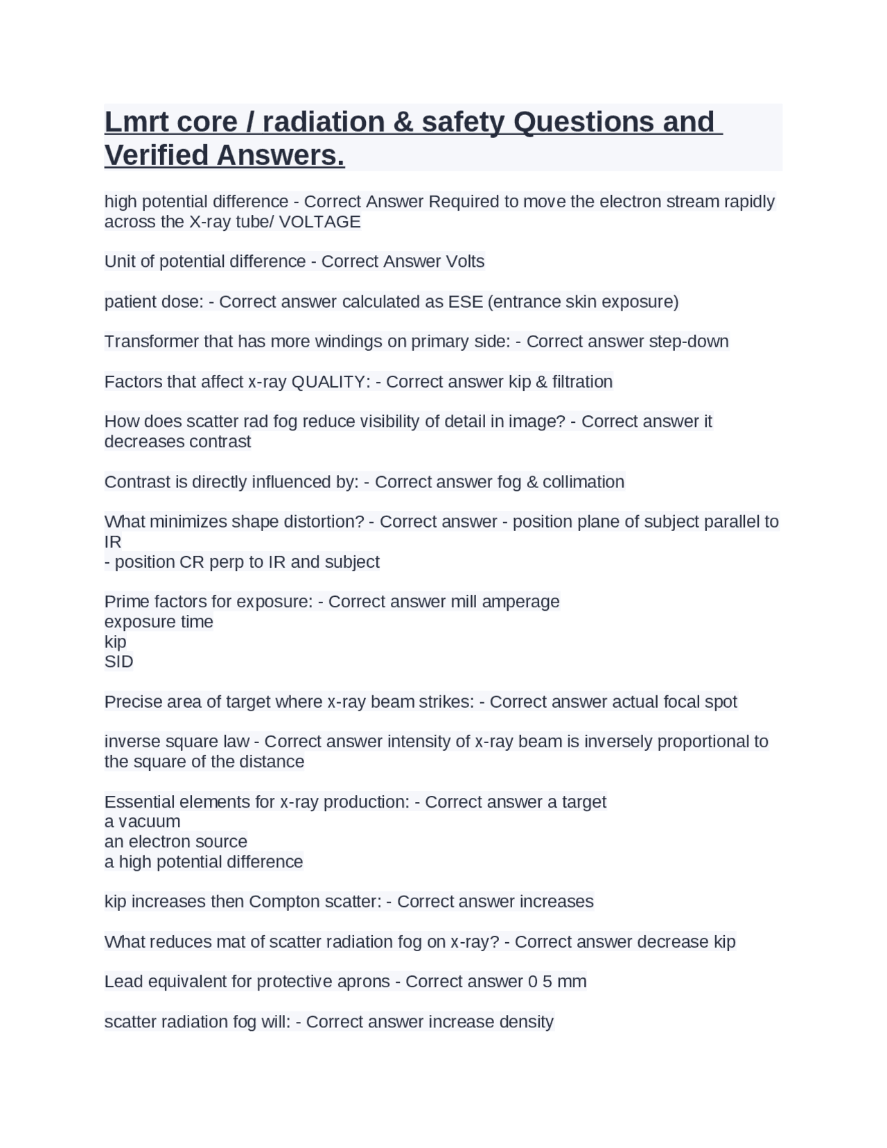 Lmrt core / radiation & safety Questions and Verified Answers. Exams