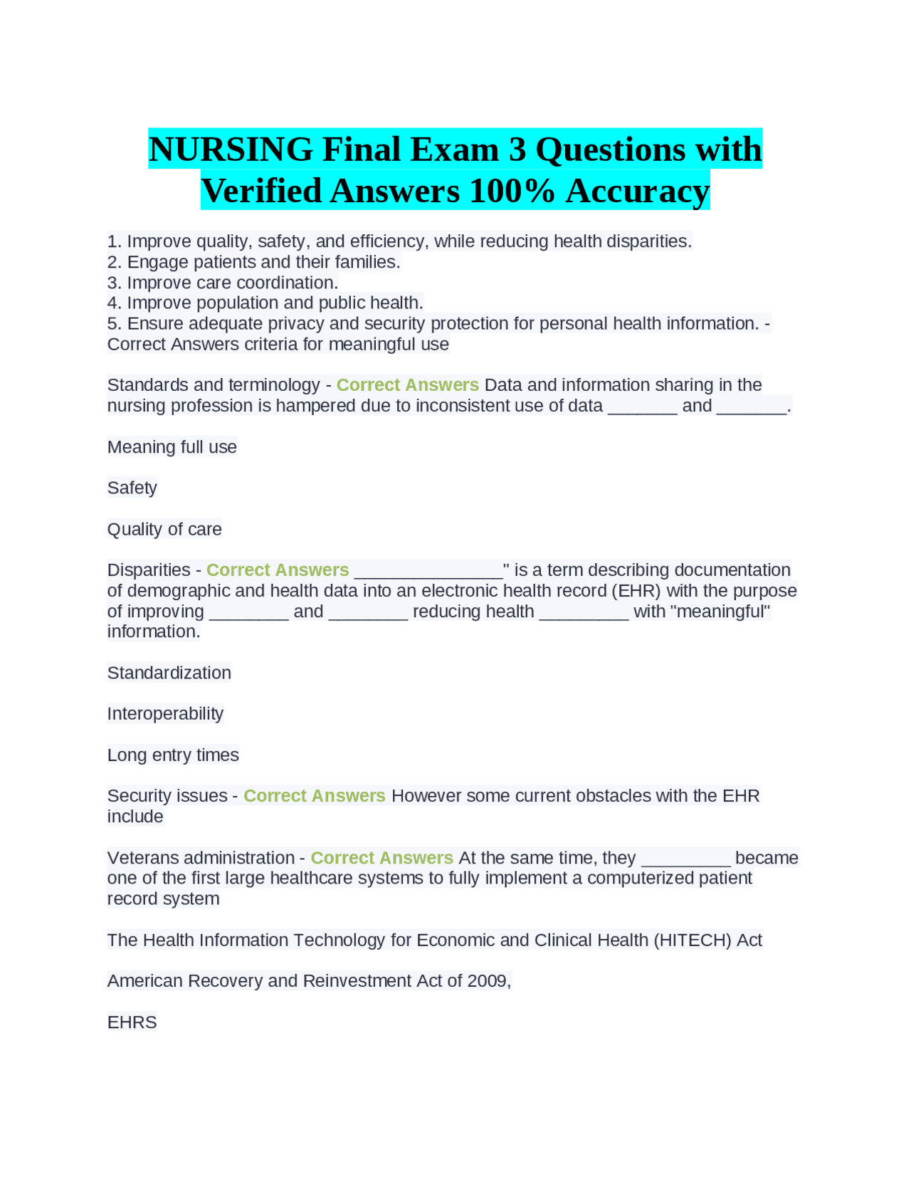 NURSING Final Exam 3 Questions with Verified Answers 100% Accuracy ...