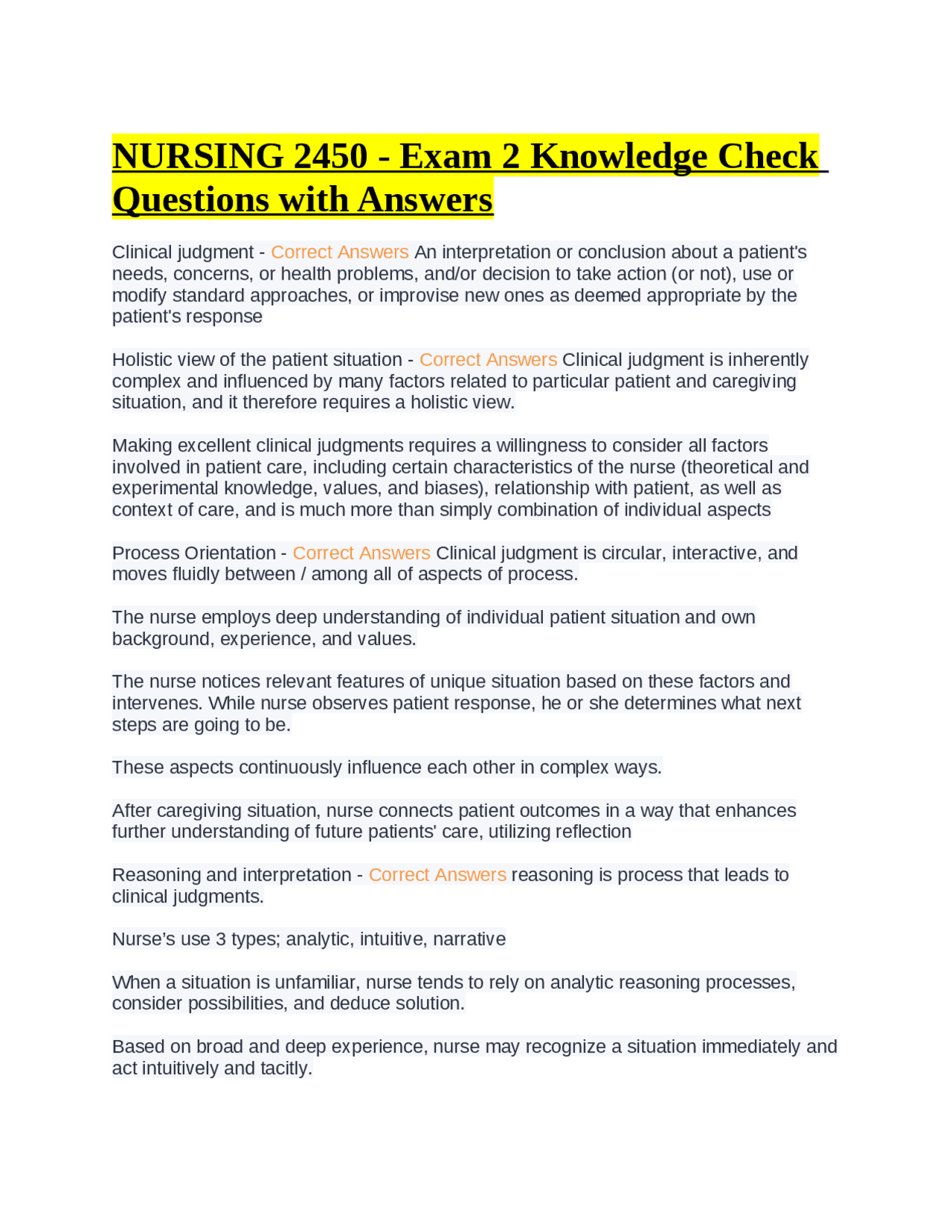 NURSING 2450 - Exam 2 Knowledge Check Questions with Answers | Exams ...