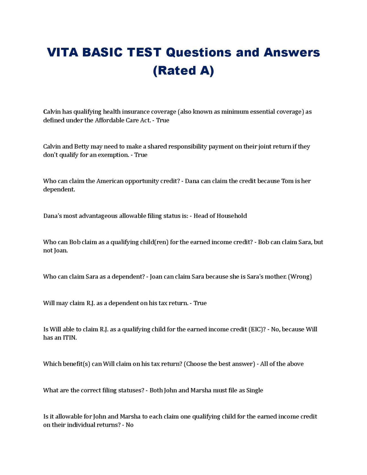 VITA BASIC TEST Questions and Answers (Rated A) | Exams Business ...