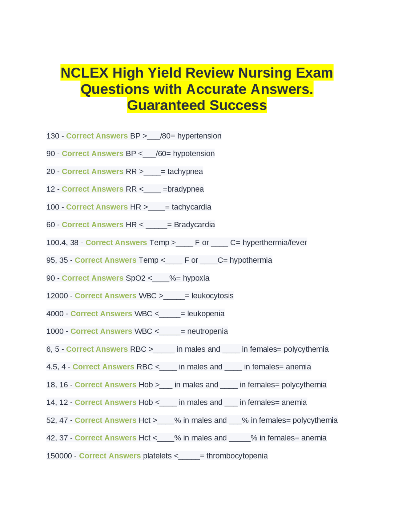 NCLEX High Yield Review Nursing Exam Questions with Accurate Answers ...