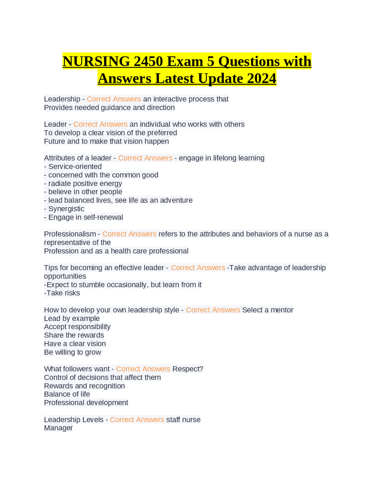NURSING 2450 Exam 5 Questions with Answers Latest Update 2024 | Exams ...