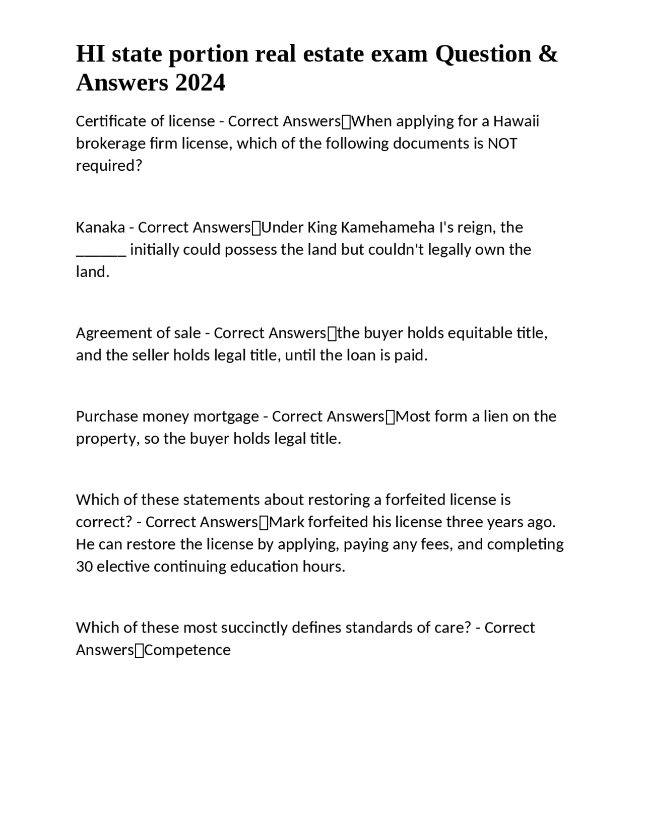 HI state portion real estate exam Question & Answers 2024 Exams