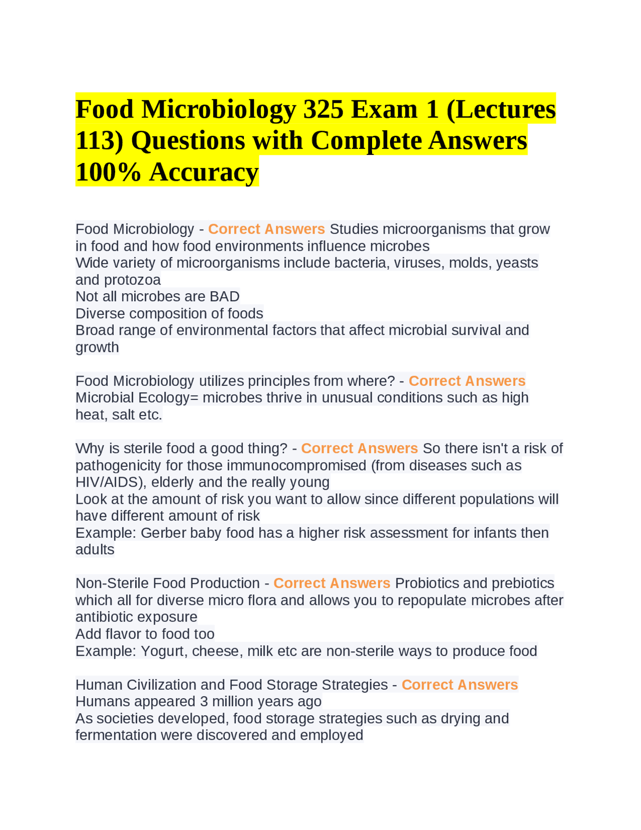 Food Microbiology 325 Exam 1 (Lectures 113) Questions with Complete ...