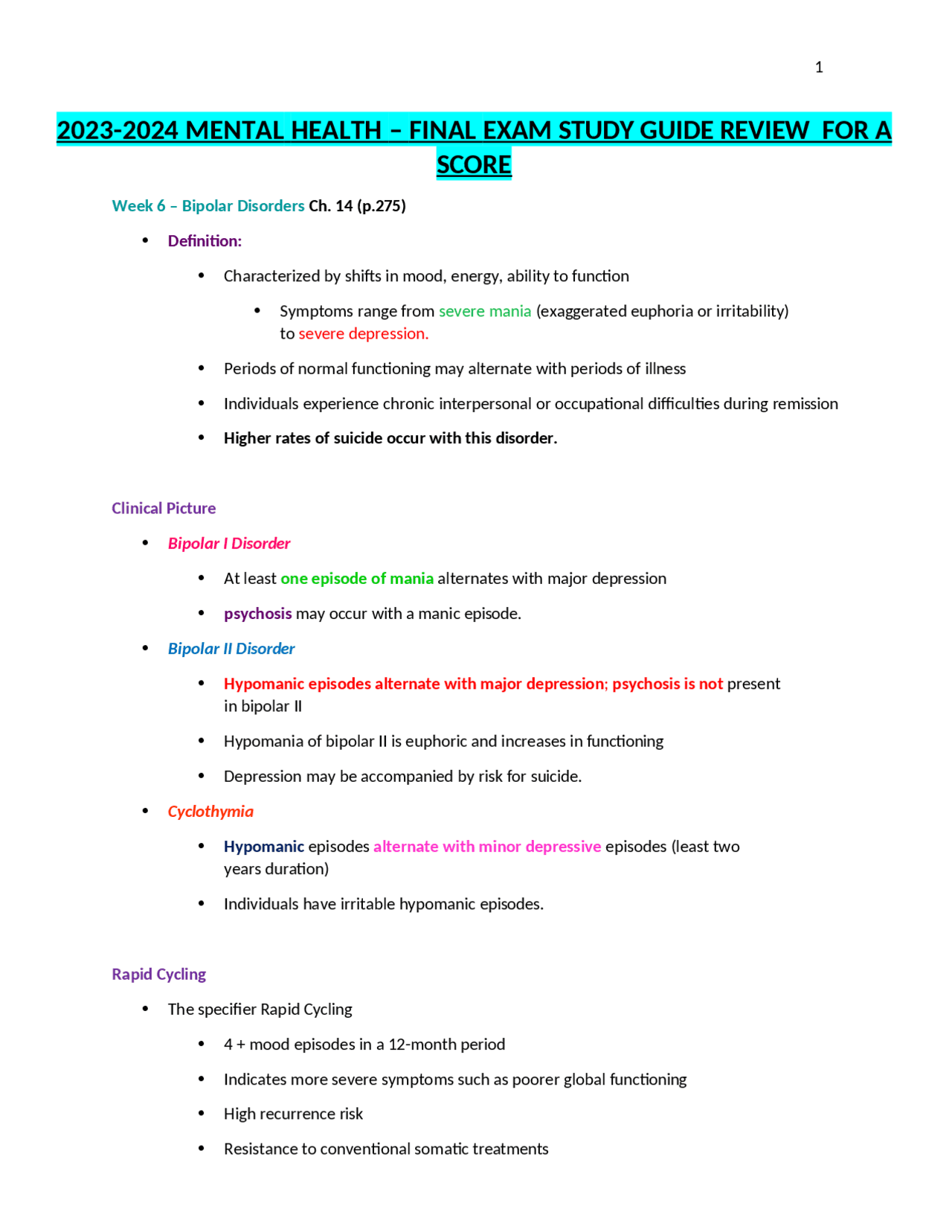 2023-2024 MENTAL HEALTH – FINAL EXAM STUDY GUIDE REVIEW FOR A SCORE ...