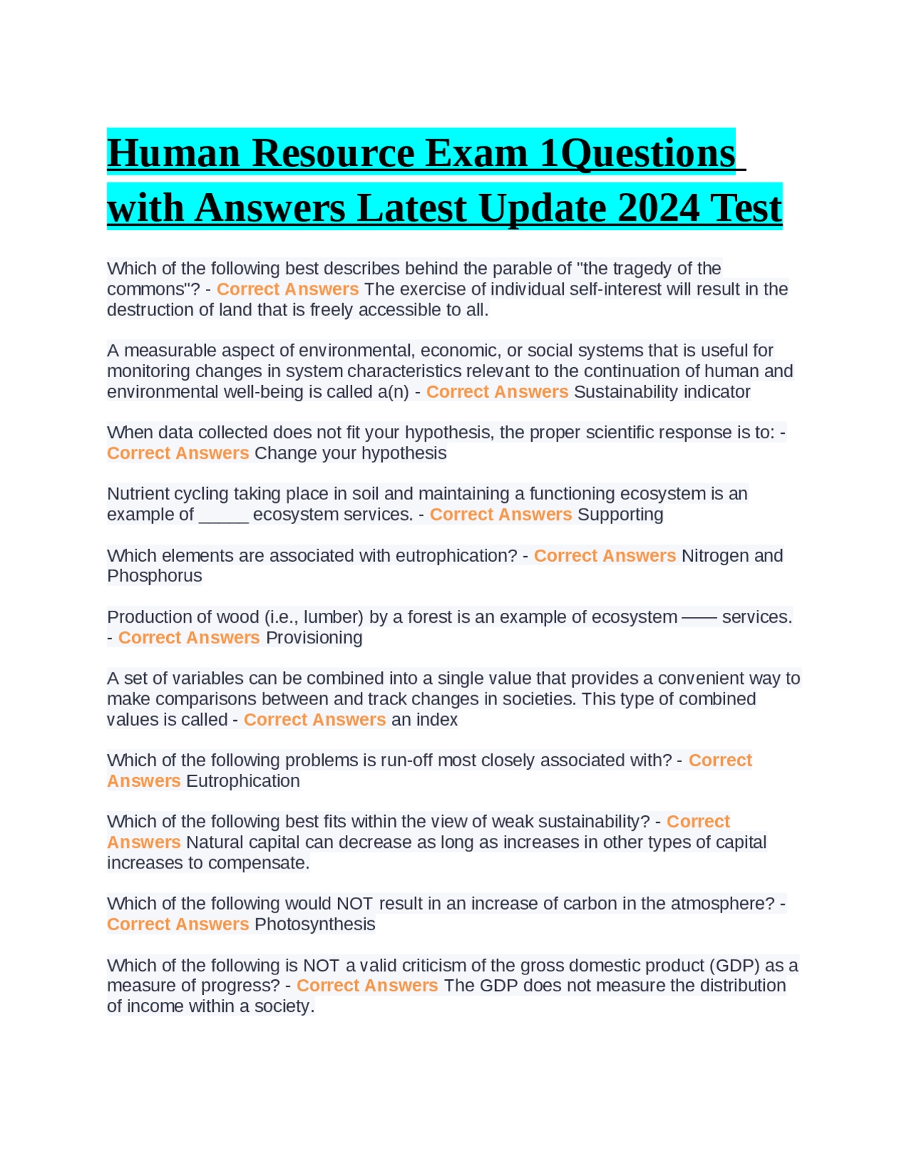 Human Resource Exam 1Questions with Answers Latest Update 2024 Test
