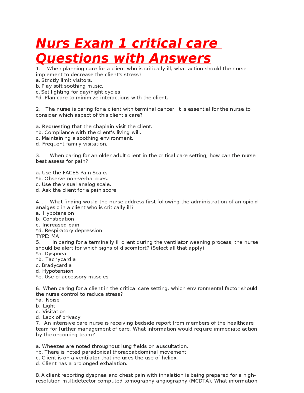 Nurs Exam 1 critical care Questions with Answers | Exams Nursing | Docsity