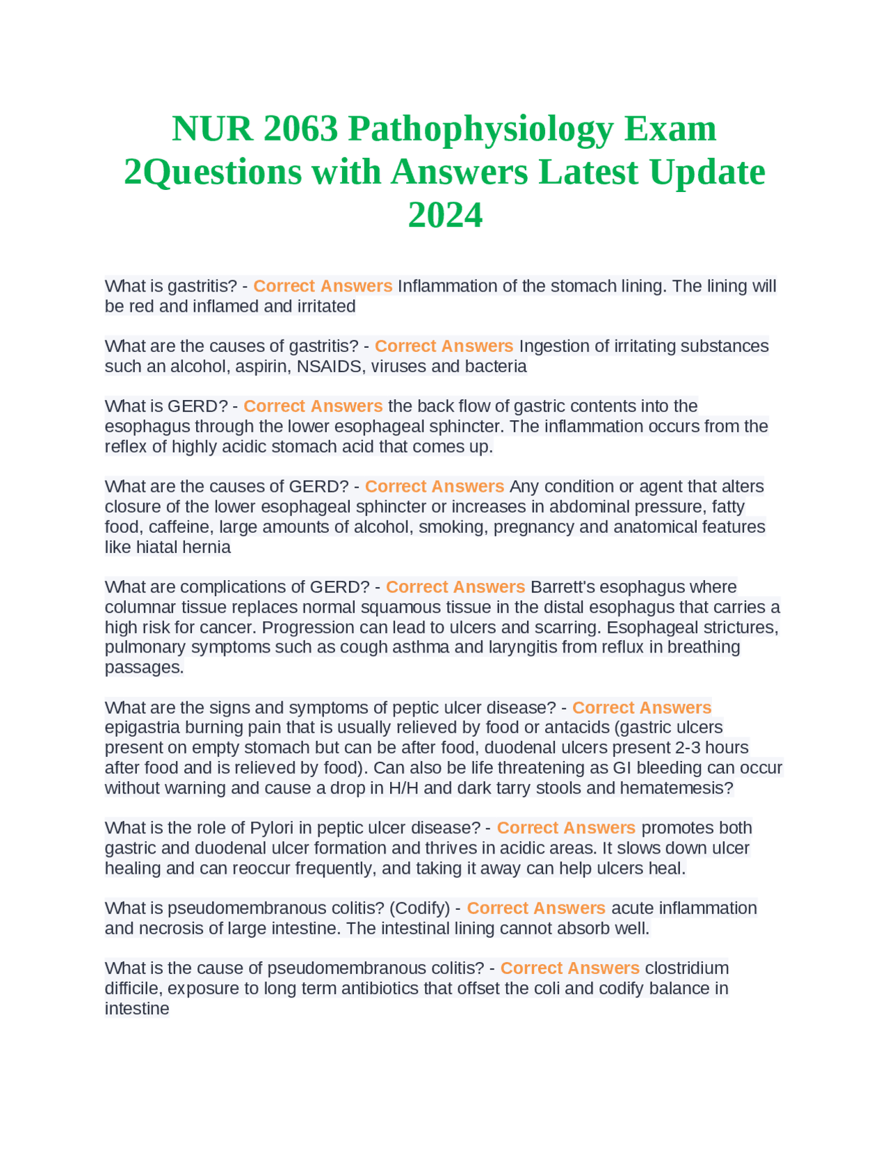 NUR 2063 Pathophysiology Exam 2Questions with Answers Latest Update ...