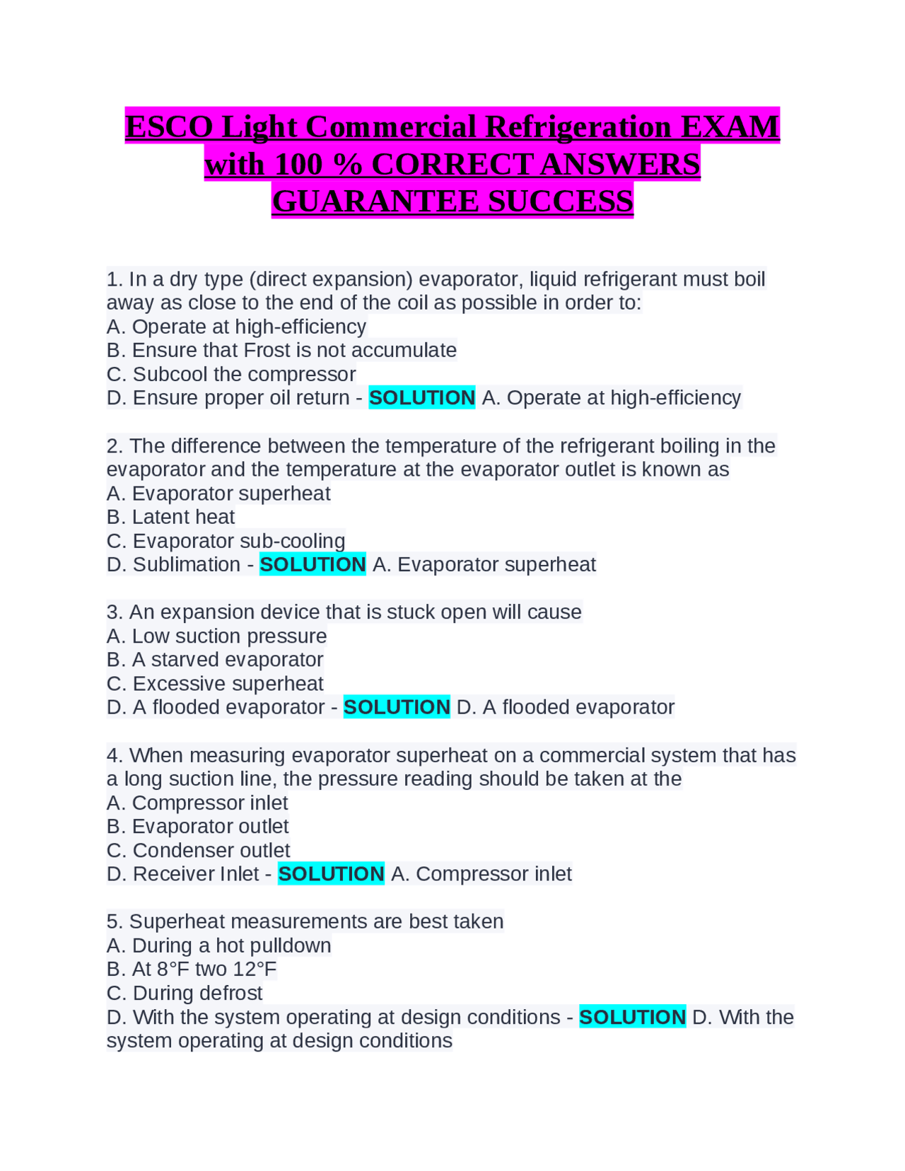 ESCO Light Commercial Refrigeration EXAM with 100 CORRECT ANSWERS