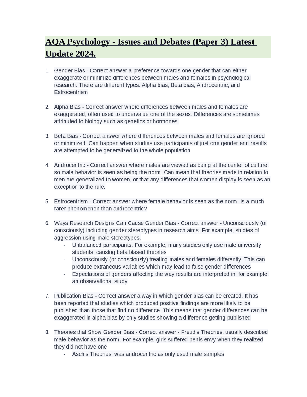 Gender Bias in Psychological Research | Exams Psychology and Law | Docsity
