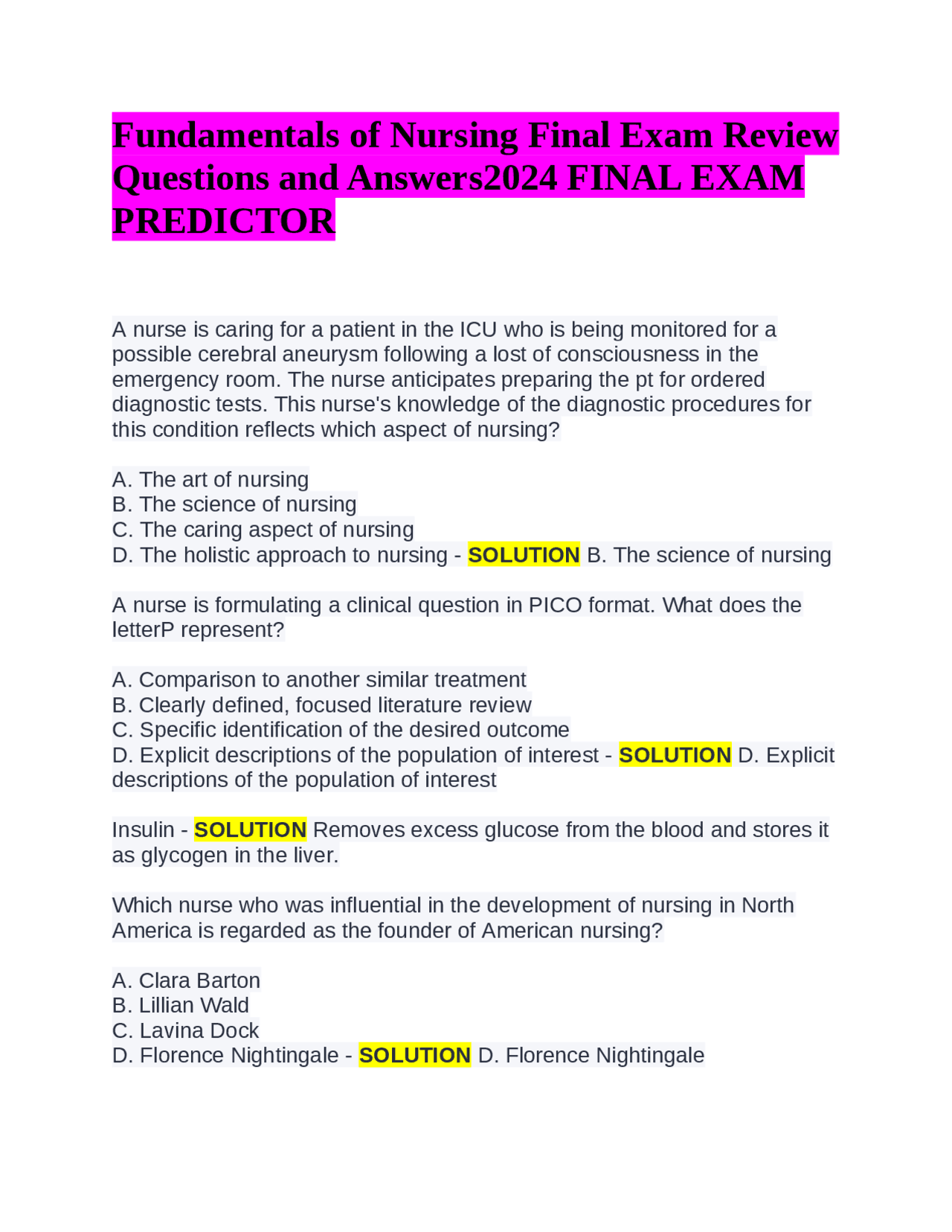Fundamentals of Nursing Final Exam Review Questions and Answers2024 ...