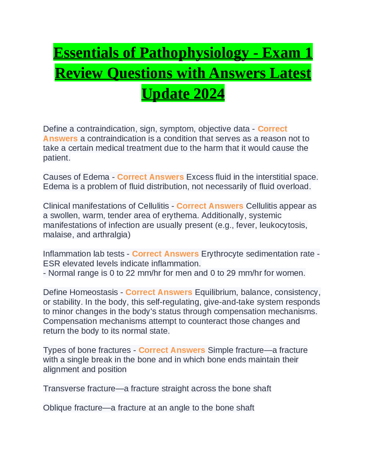 Essentials of Pathophysiology - Exam 1 Review Questions with Answers Latest Update 2024 | Exams ...