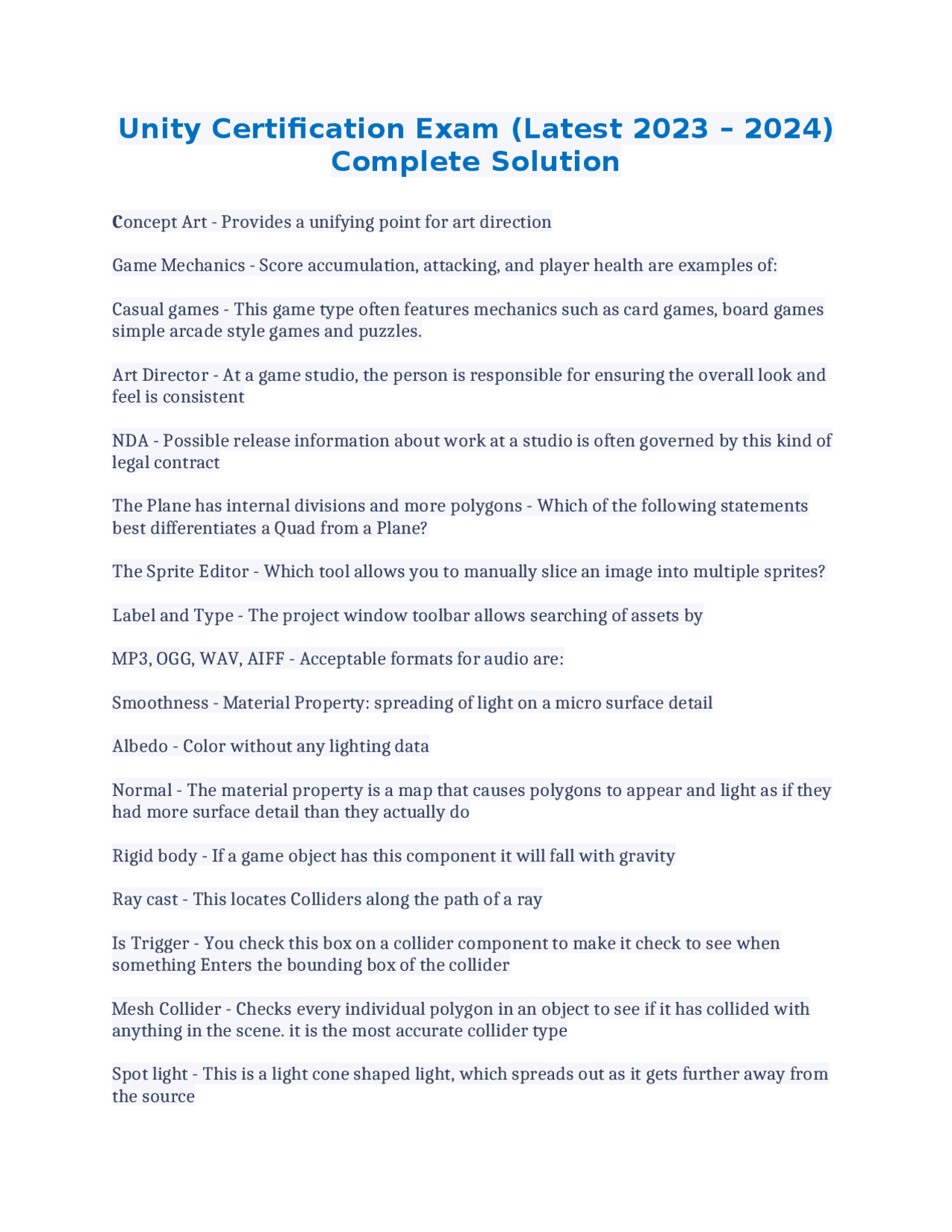 Unity Certification Course Unity Certification Exam (Latest 2023 – 2024) Complete Solution | Exams ...