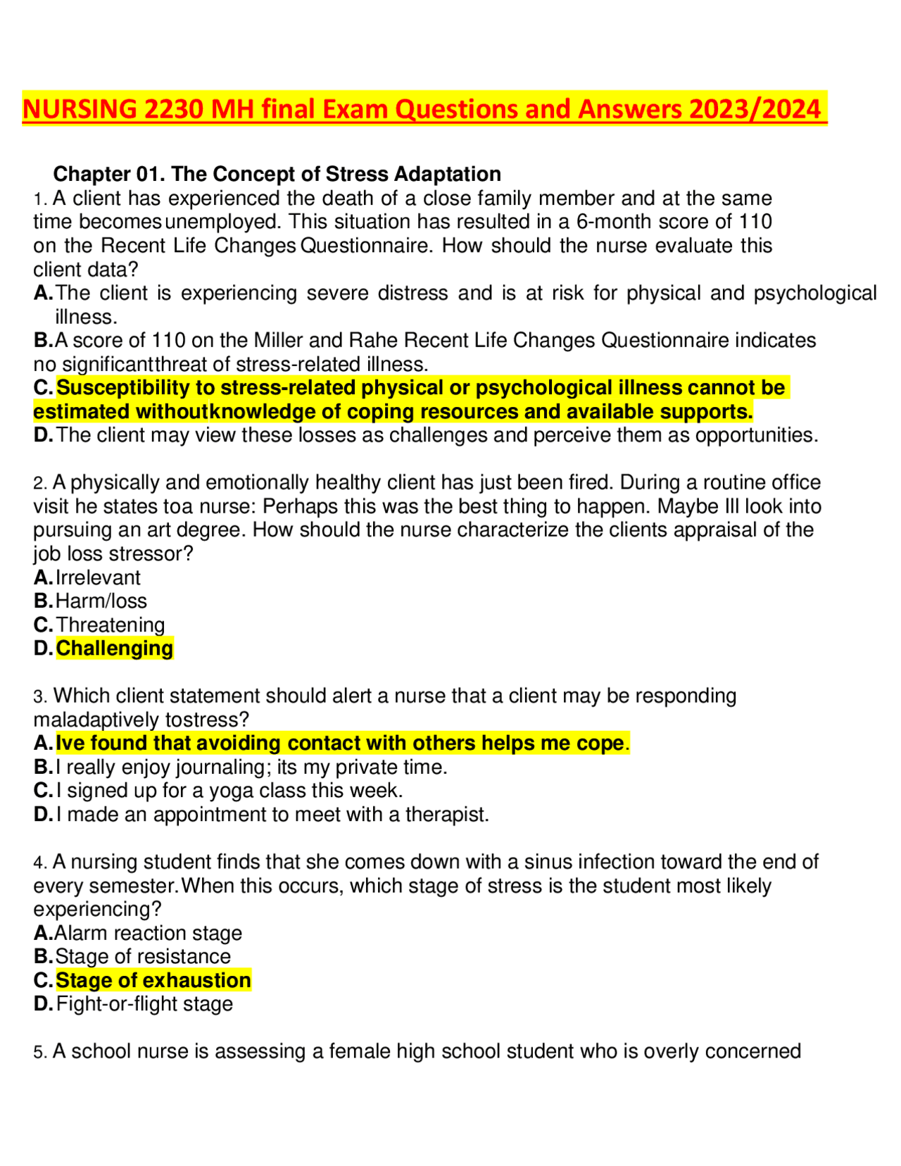 NURSING 2230 MH final Exam Questions and Answers 2023/2024 | Exams ...