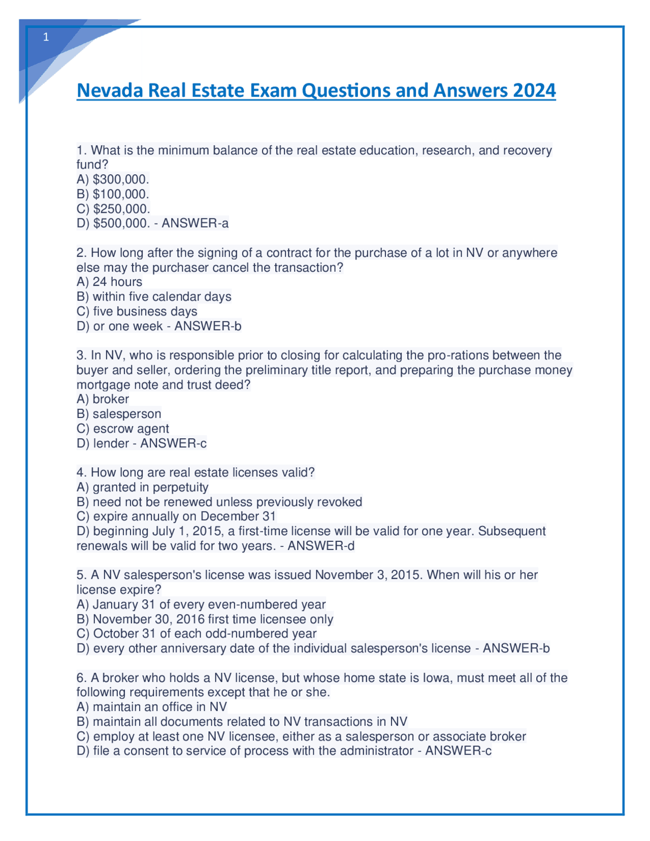 Nevada Real Estate Exam Questions and Answers 2024 Exams Nursing Docsity