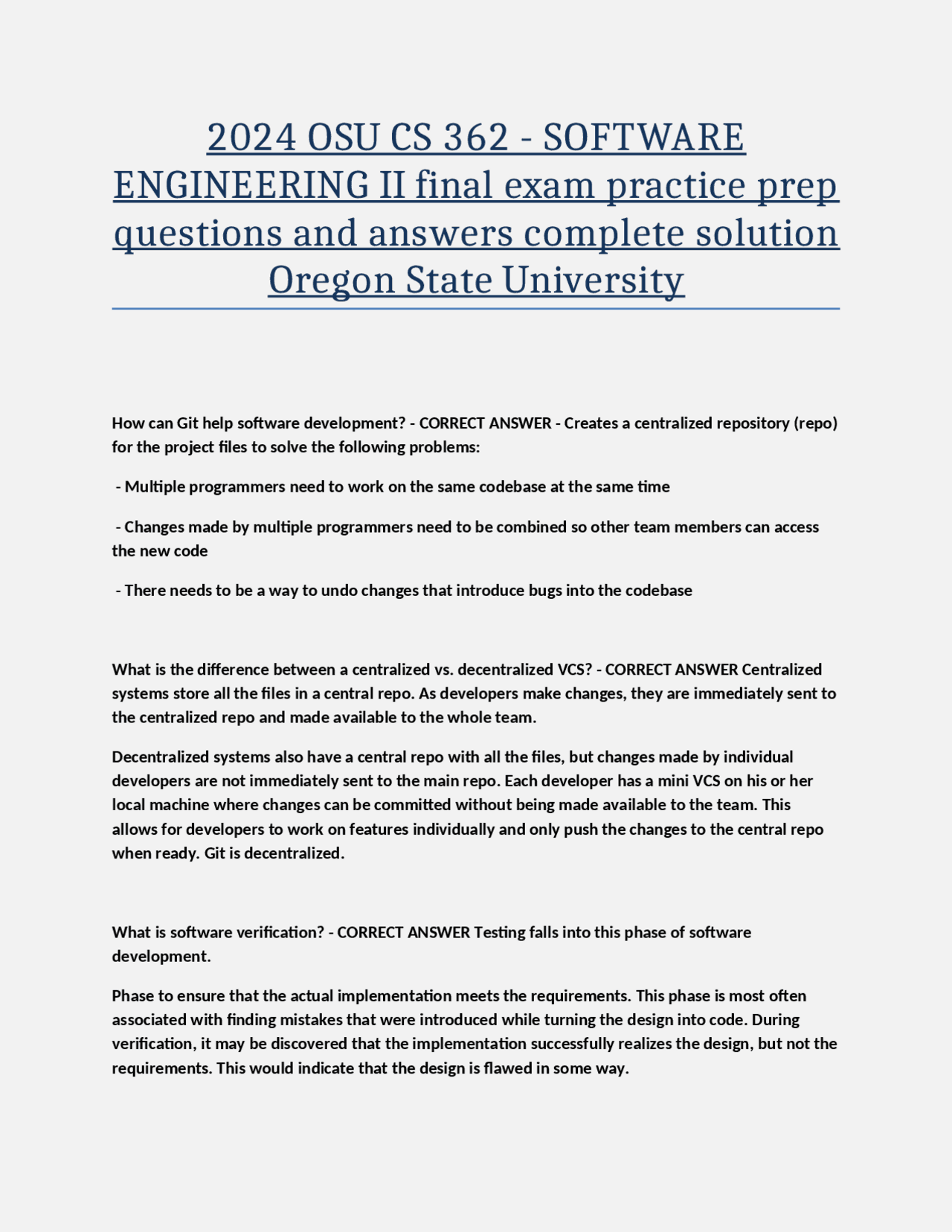 2024 OSU CS 362 - SOFTWARE ENGINEERING II final exam practice prep ...
