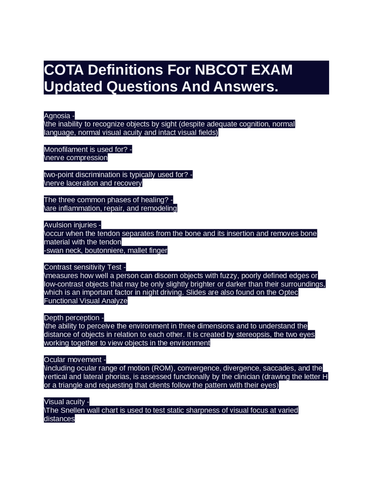 Coota Test COTA Definitions For NBCOT EXAM Updated Questions And Answers. | Exams ...