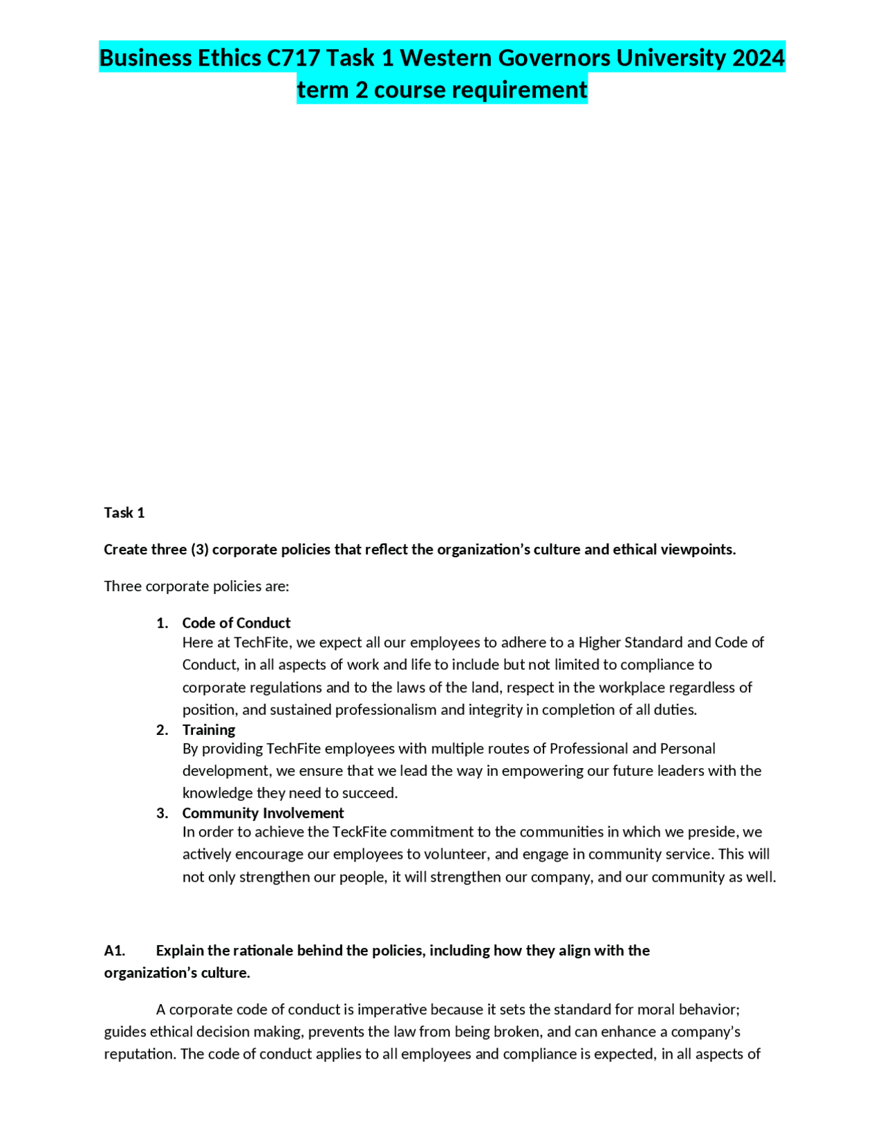 Business Ethics C717 Task 1 Western Governors University 2024 term 2 ...