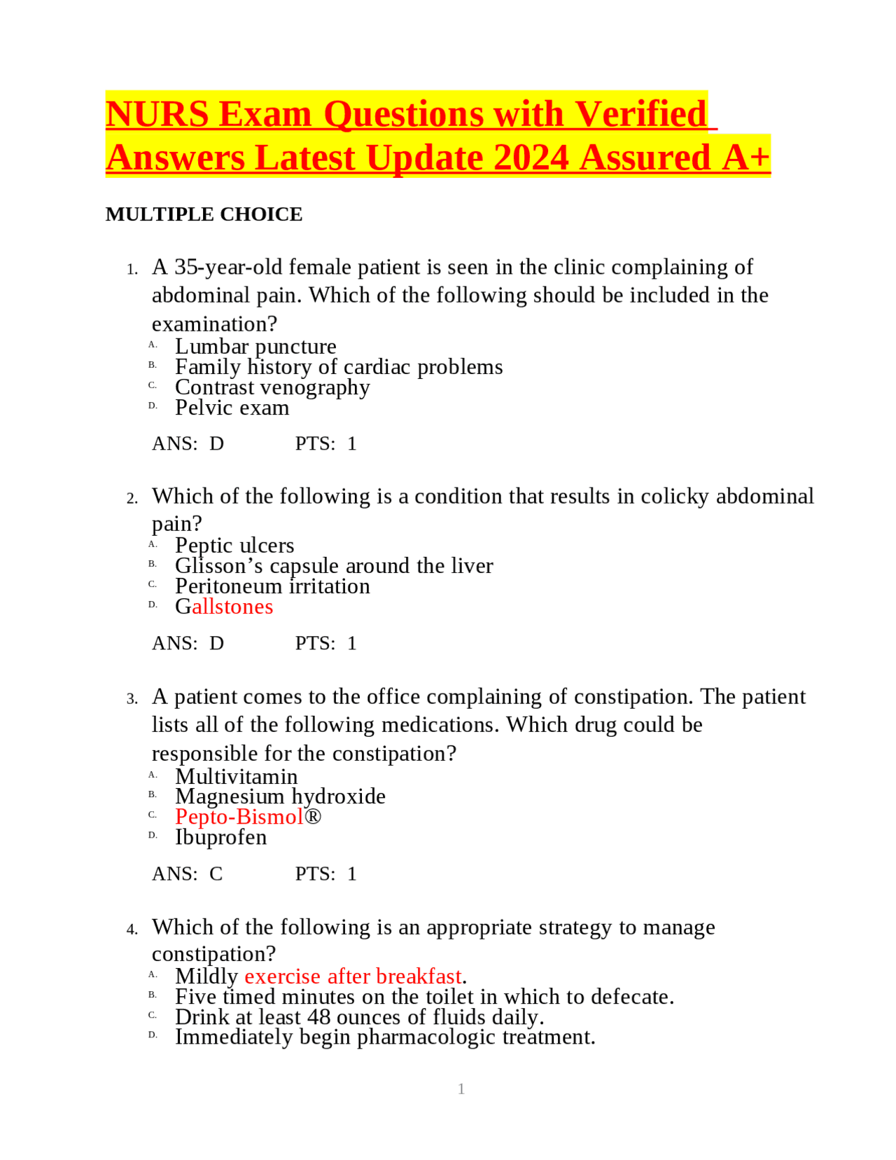 NURS Exam Questions with Verified Answers Latest Update 2024 Assured A+ ...