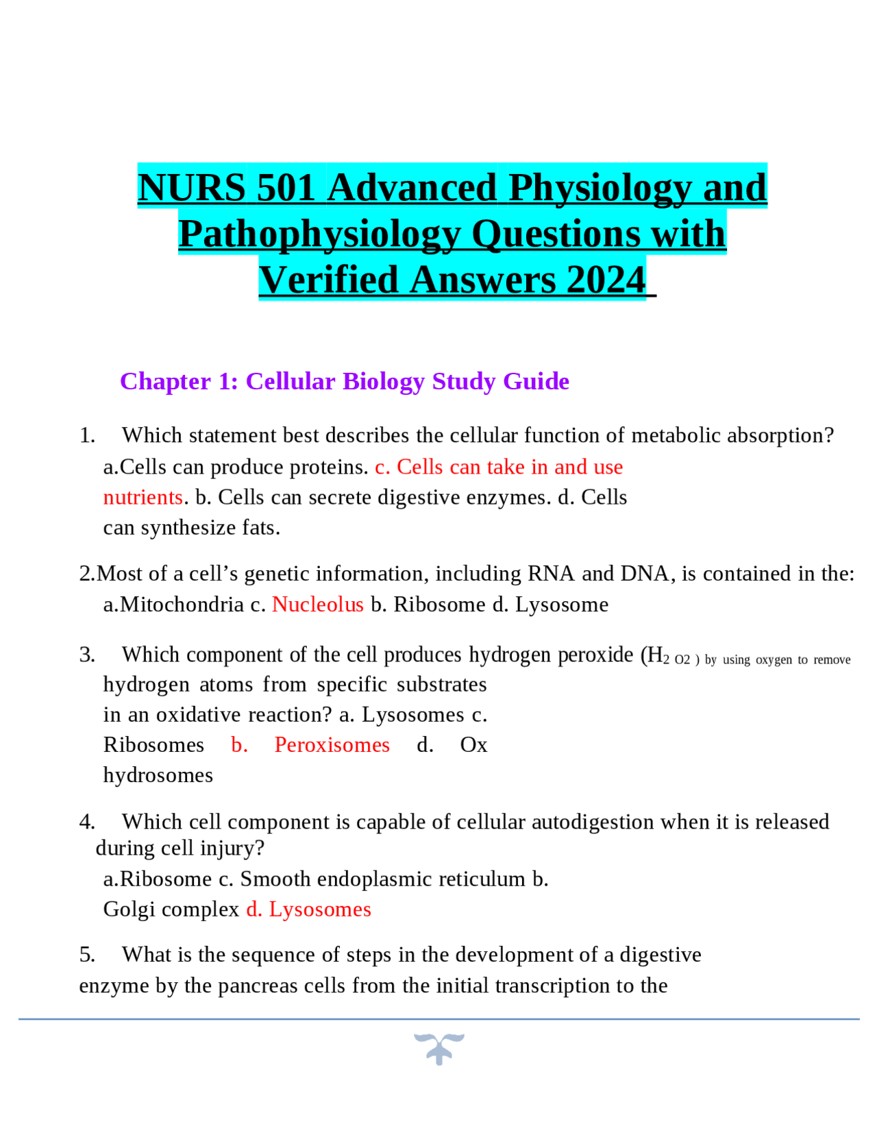 NURS 501 Advanced Physiology and Pathophysiology Questions with ...