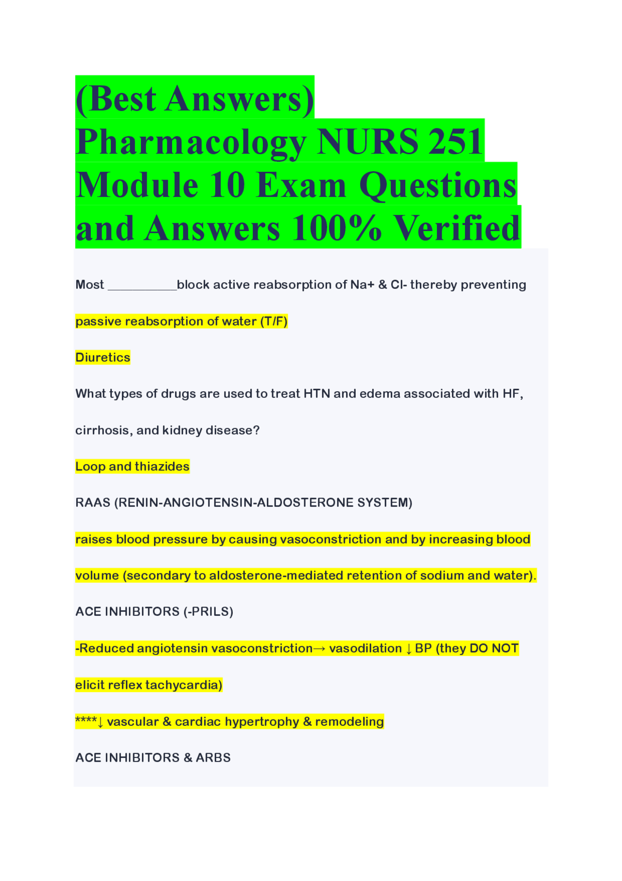 (Best Answers) Pharmacology NURS 251 Module 10 Exam Questions and ...
