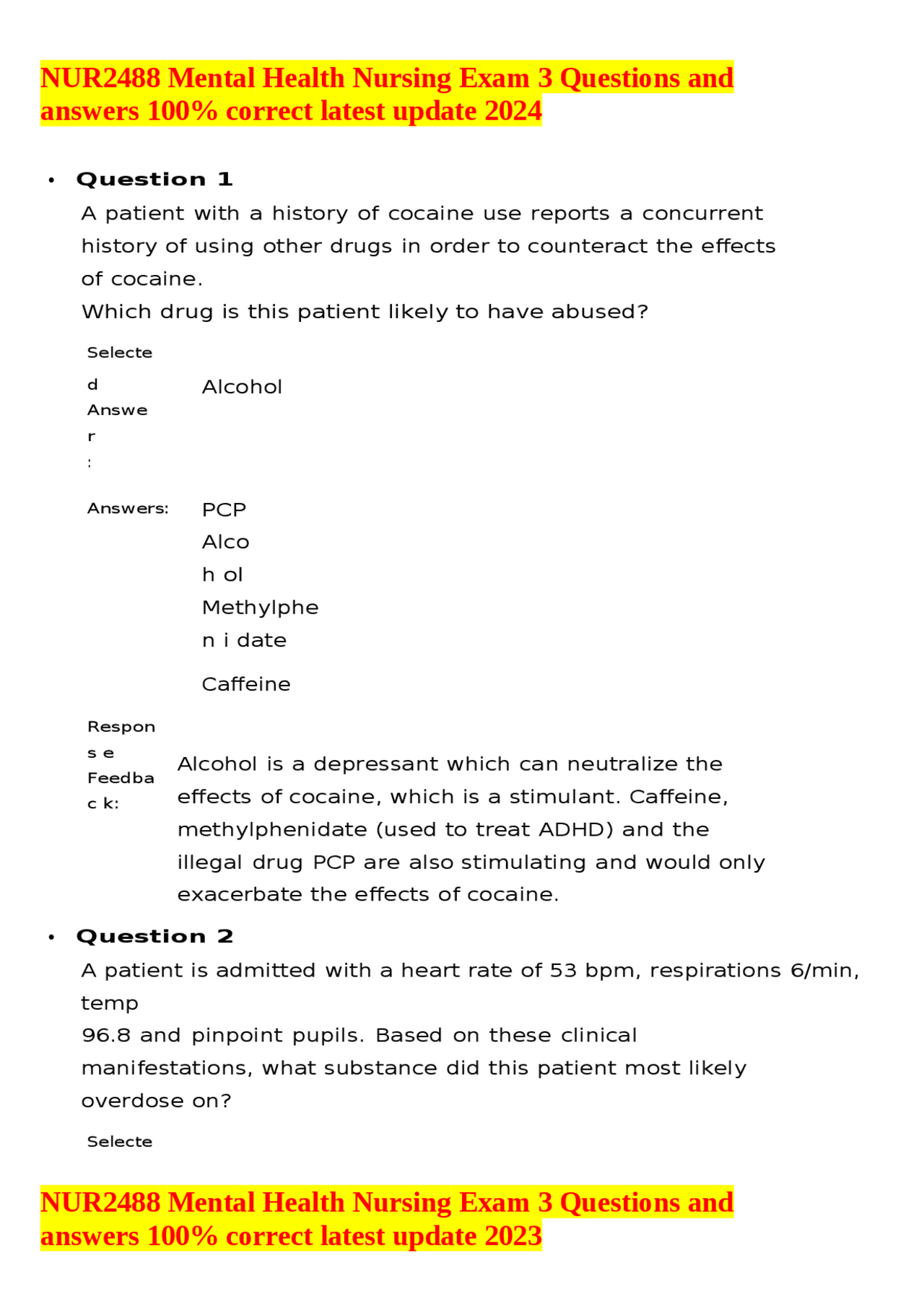 NUR2488 Mental Health Nursing Exam 3 Questions and answers 100% correct ...