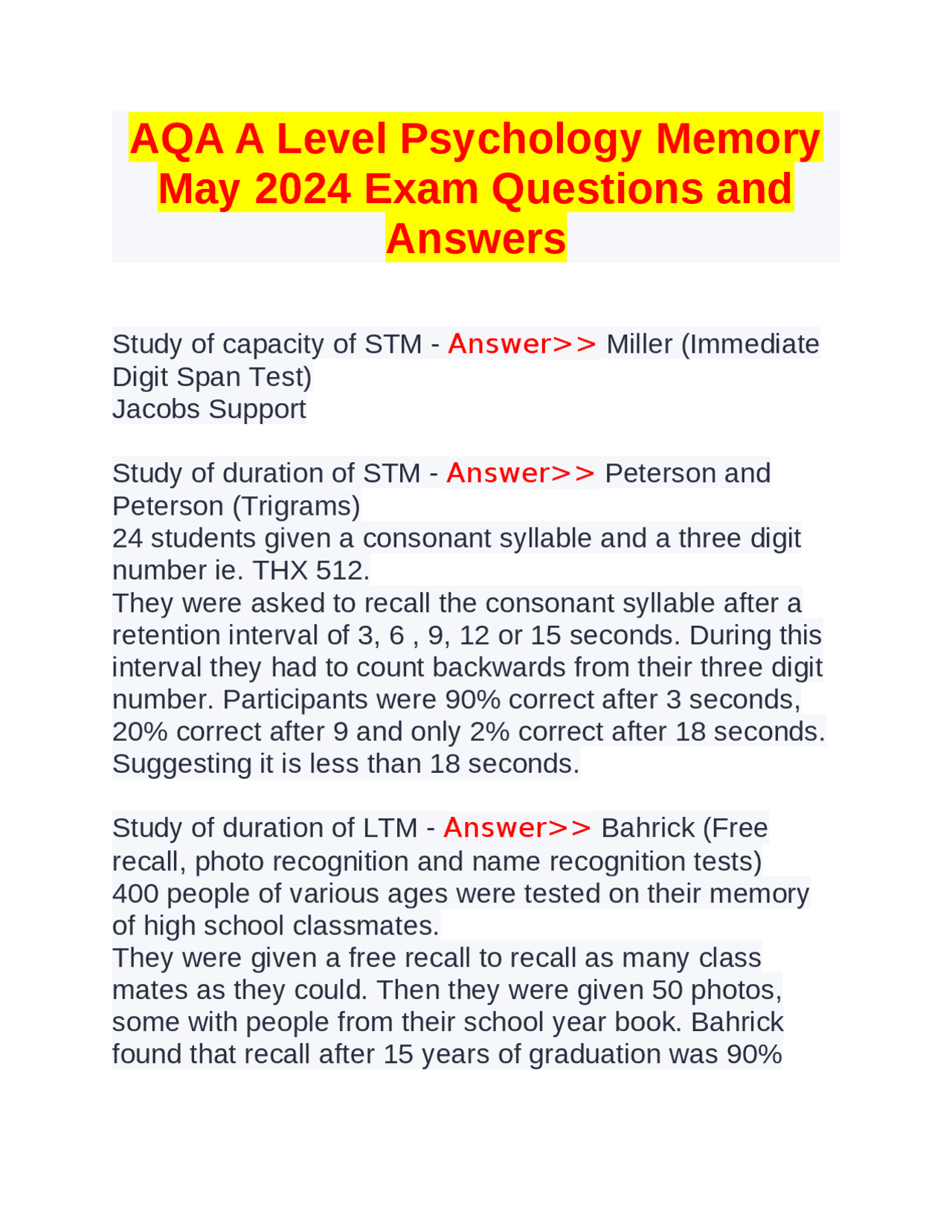 AQA A Level Psychology Memory May 2024 Exam Questions and Answers ...