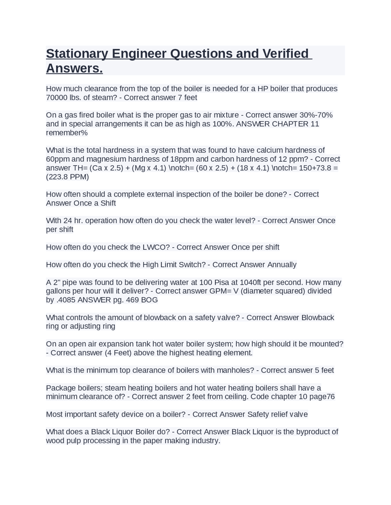 Stationary Engineer Questions and Verified Answers. Exams Electrical and Electronics