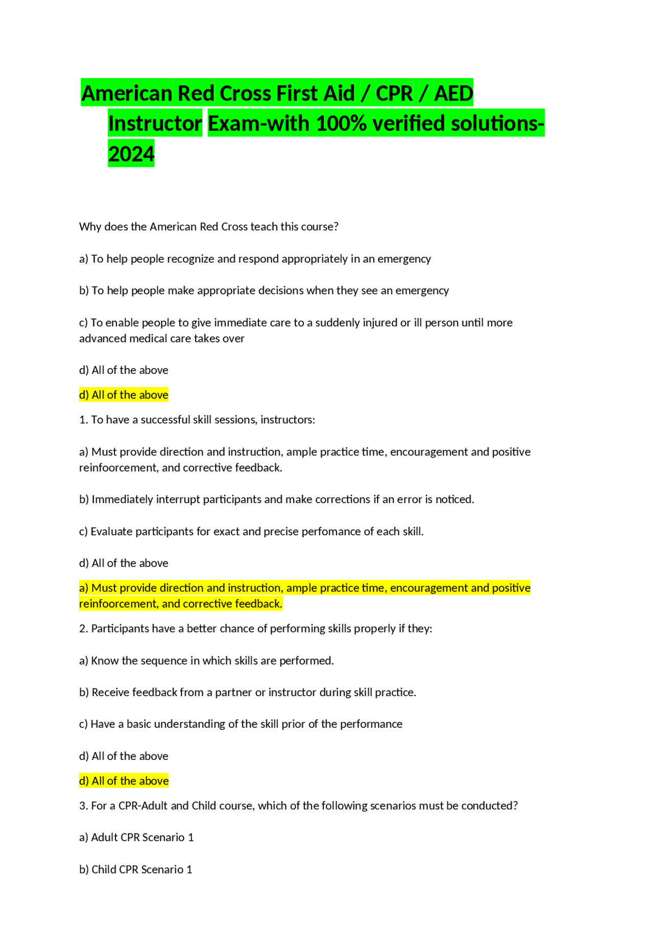 American Red Cross First Aid -CPR-AED Instructor Exam-with 100% ...