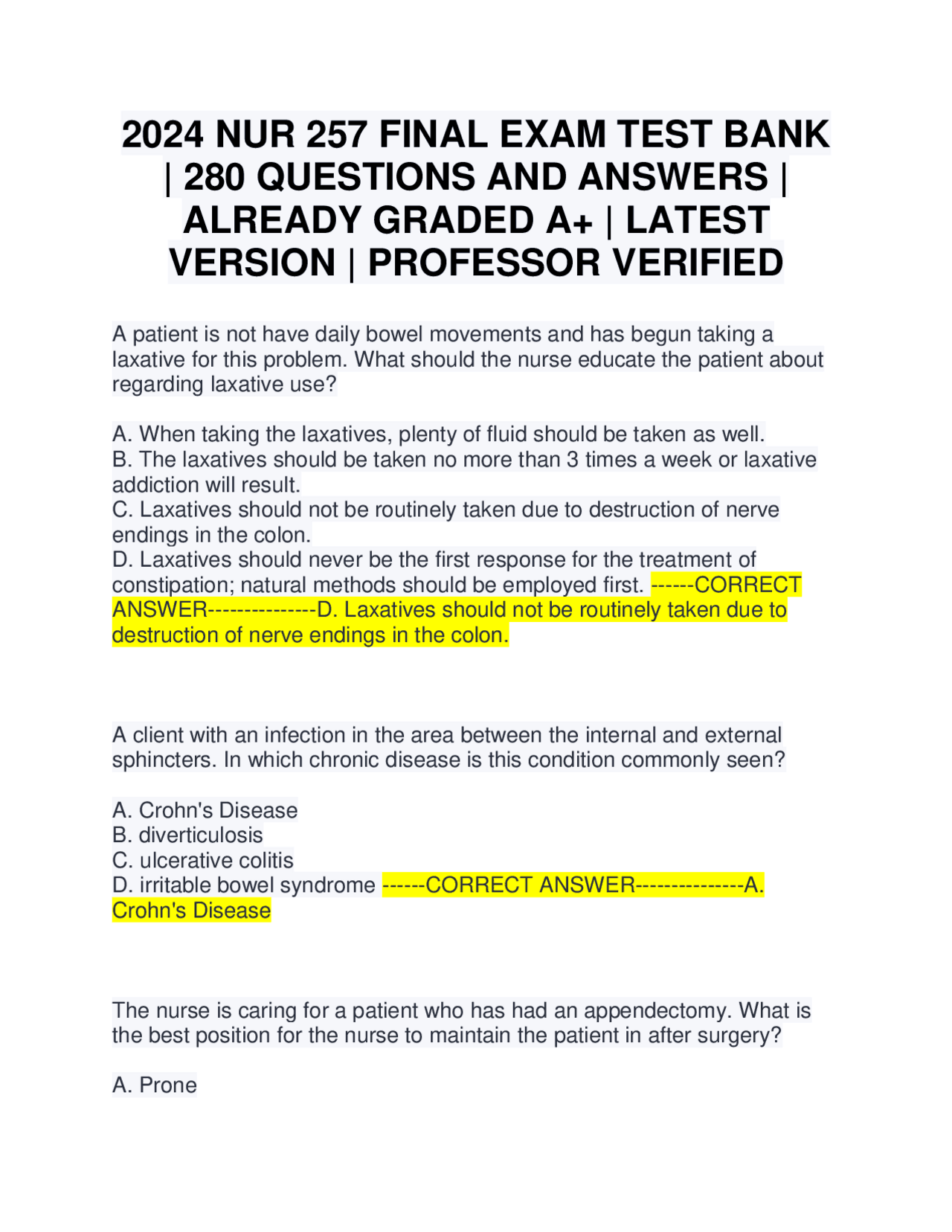 2024 NUR 257 FINAL EXAM TEST BANK | 280 QUESTIONS AND ANSWERS | ALREADY ...