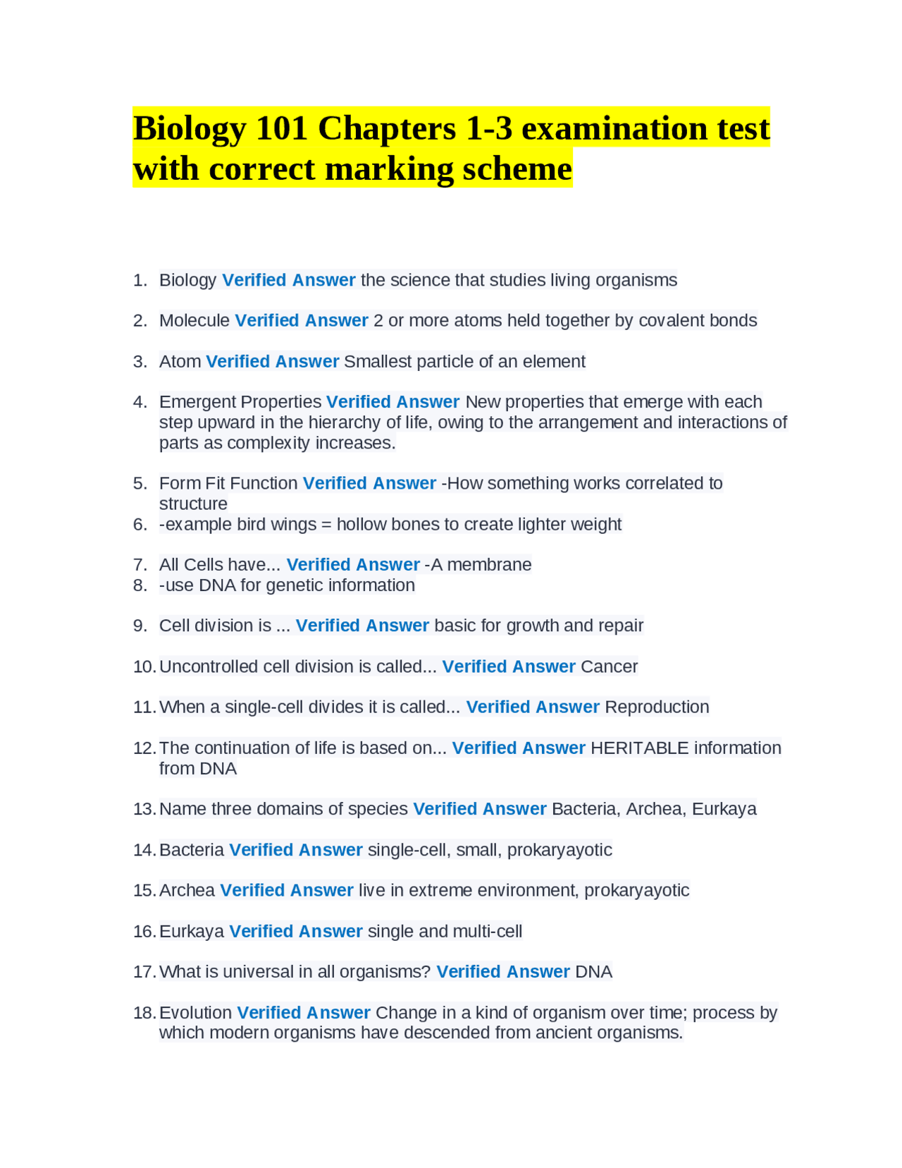 Biology 101 Chapters 1-3 examination test with correct marking scheme ...