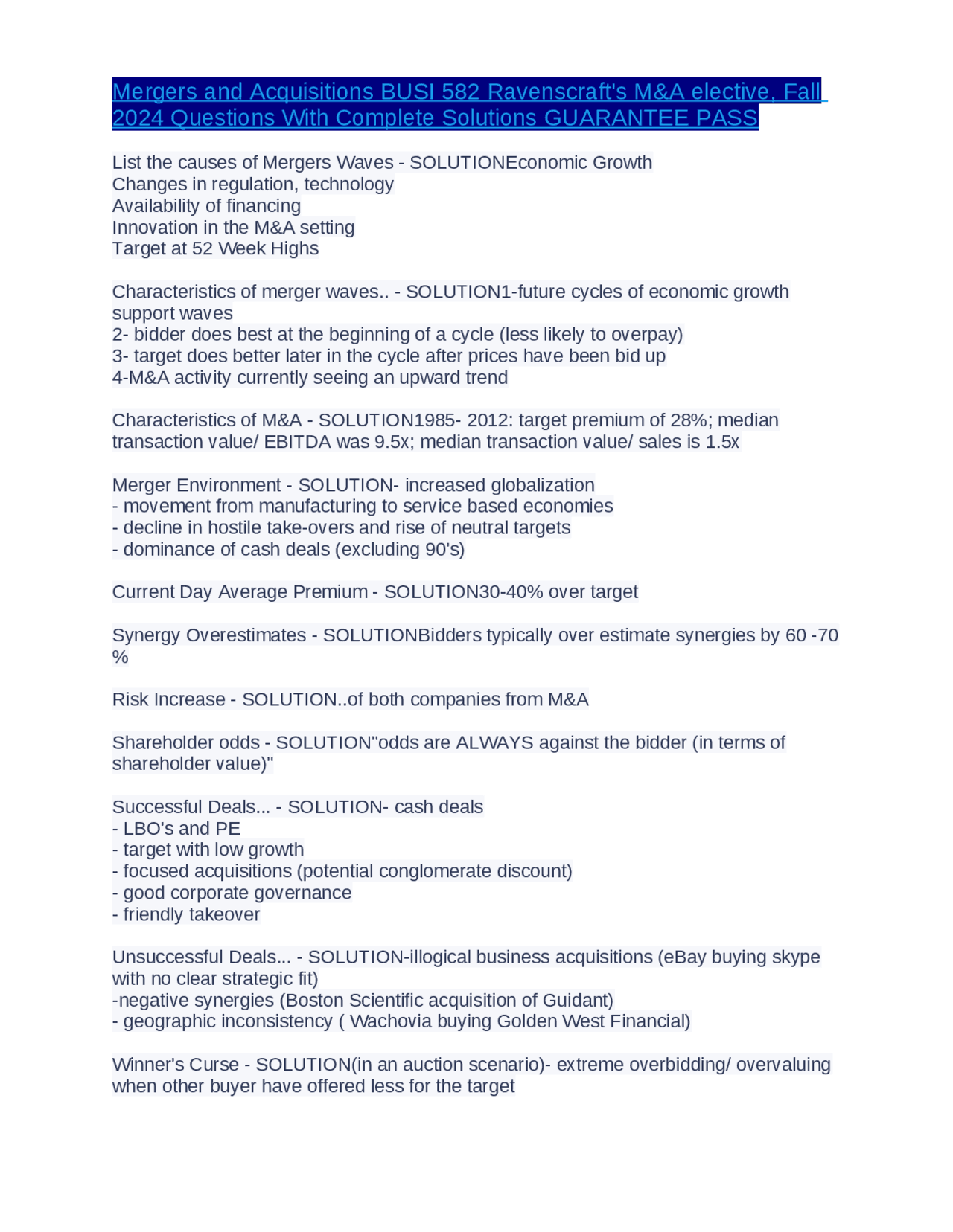 582 Sample Questions Mergers and Acquisitions BUSI 582 Ravenscraft's M&A elective, Fall 2024 ...