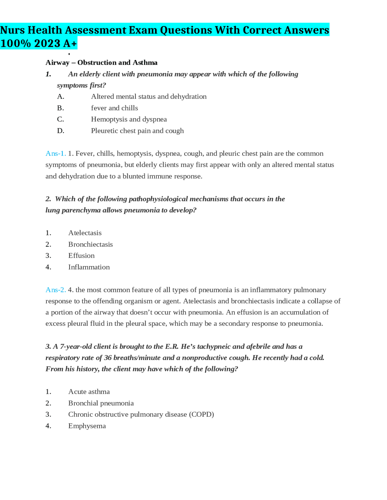 Nursing Health Assessment Exam Questions and Answers | Exams Nursing ...