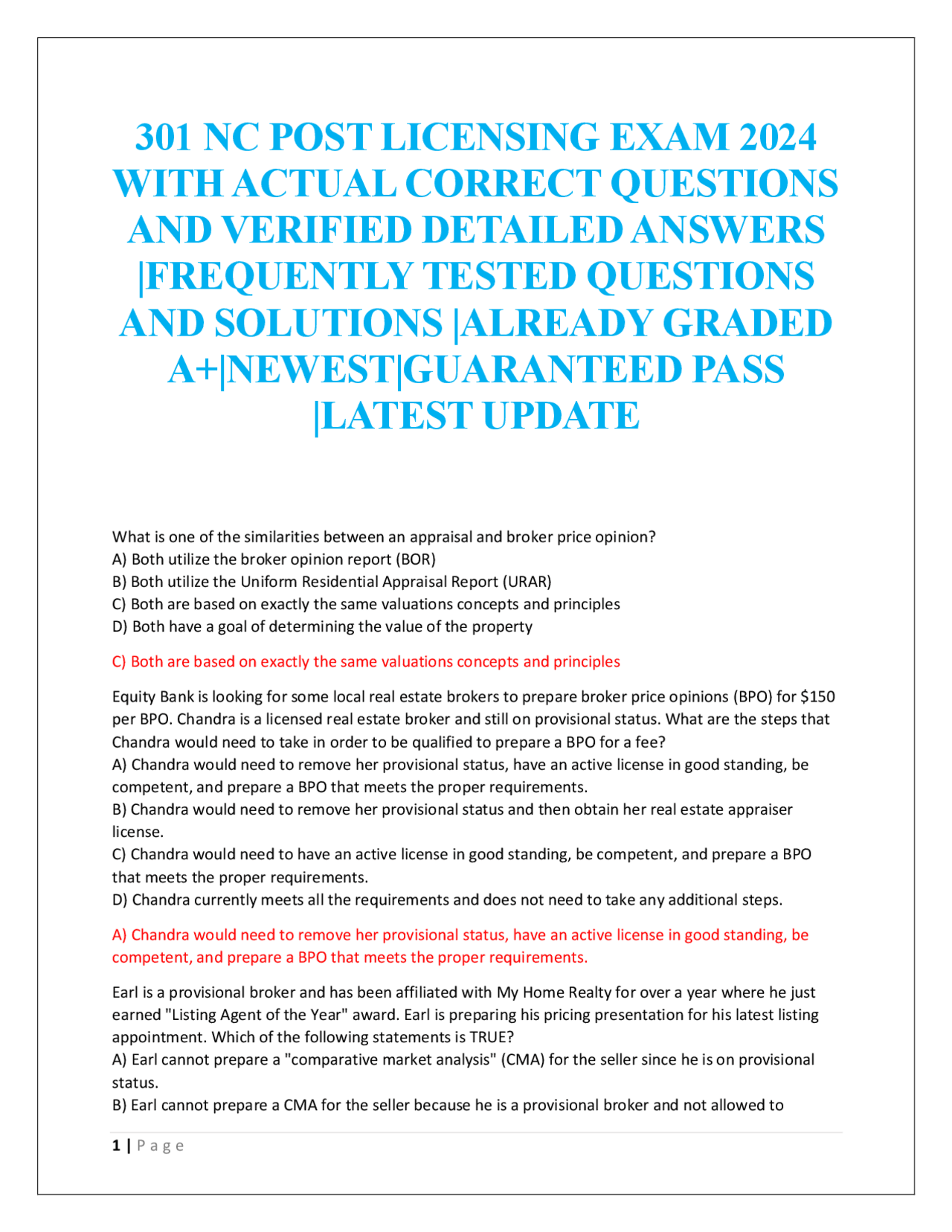 301 NC POST LICENSING EXAM 2024 WITH ACTUAL CORRECT QUESTIONS AND ...
