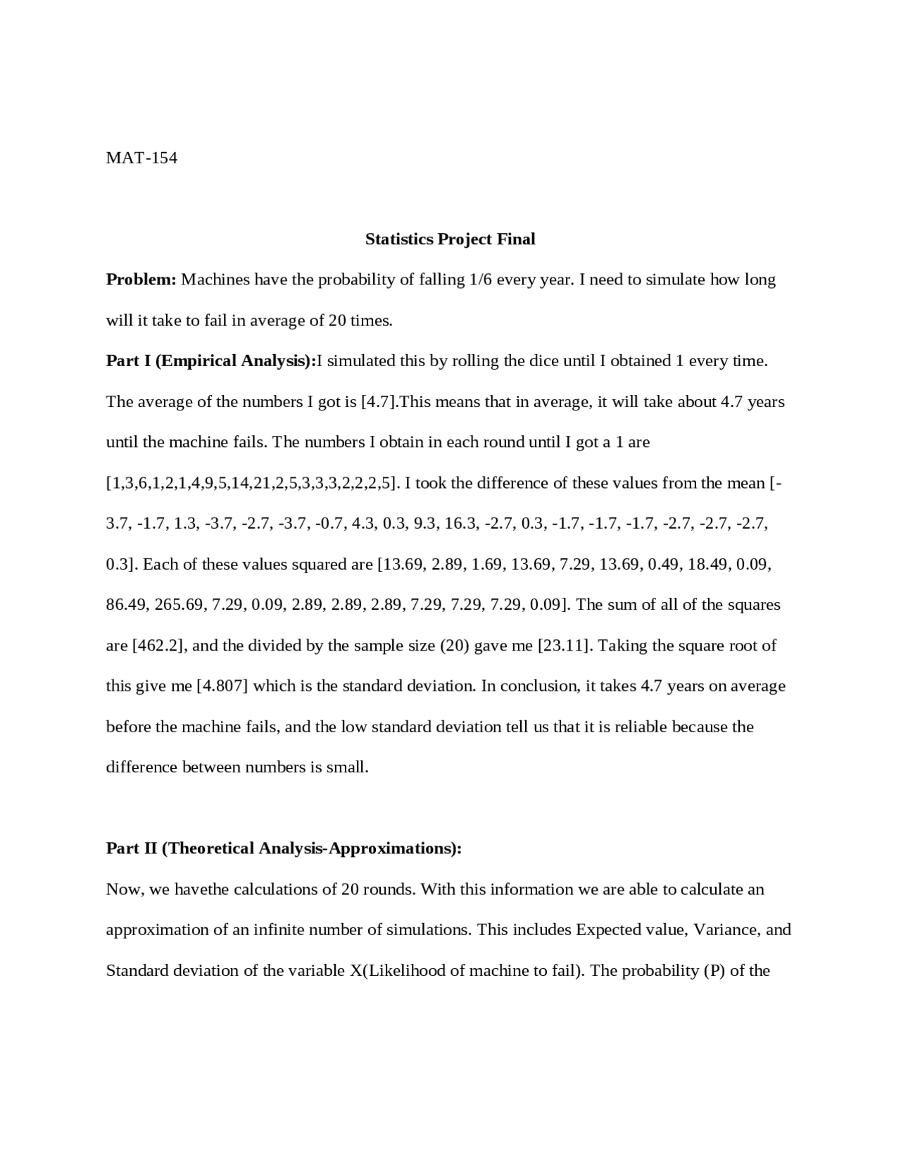 MAT-154 Statistics Project Final Problem: Machines have | Lecture notes ...